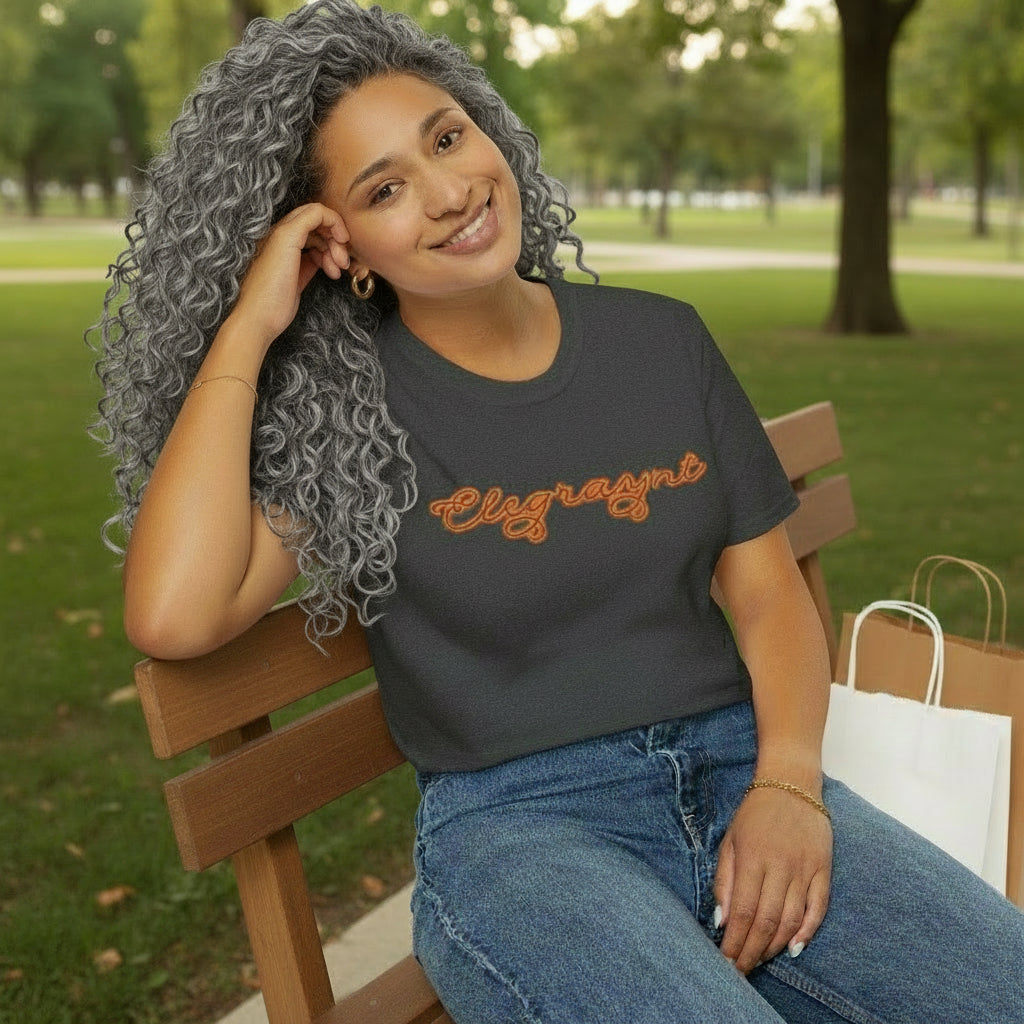 Unisex Softstyle Crewneck T-Shirt in Dark Heather Grey and Orange