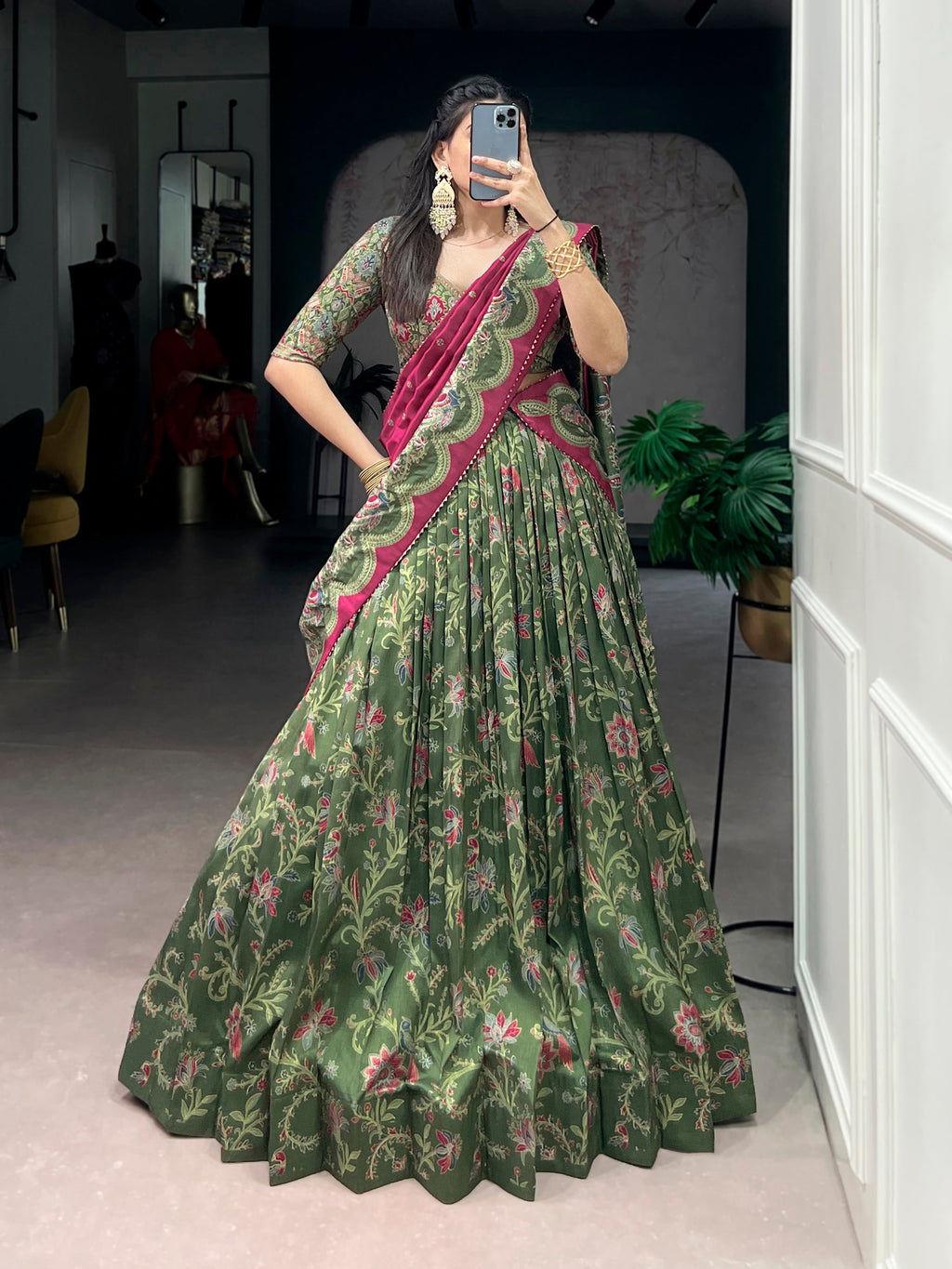 Green Tasar Silk lehenga choli with gilded motif foil print and matching dupatta