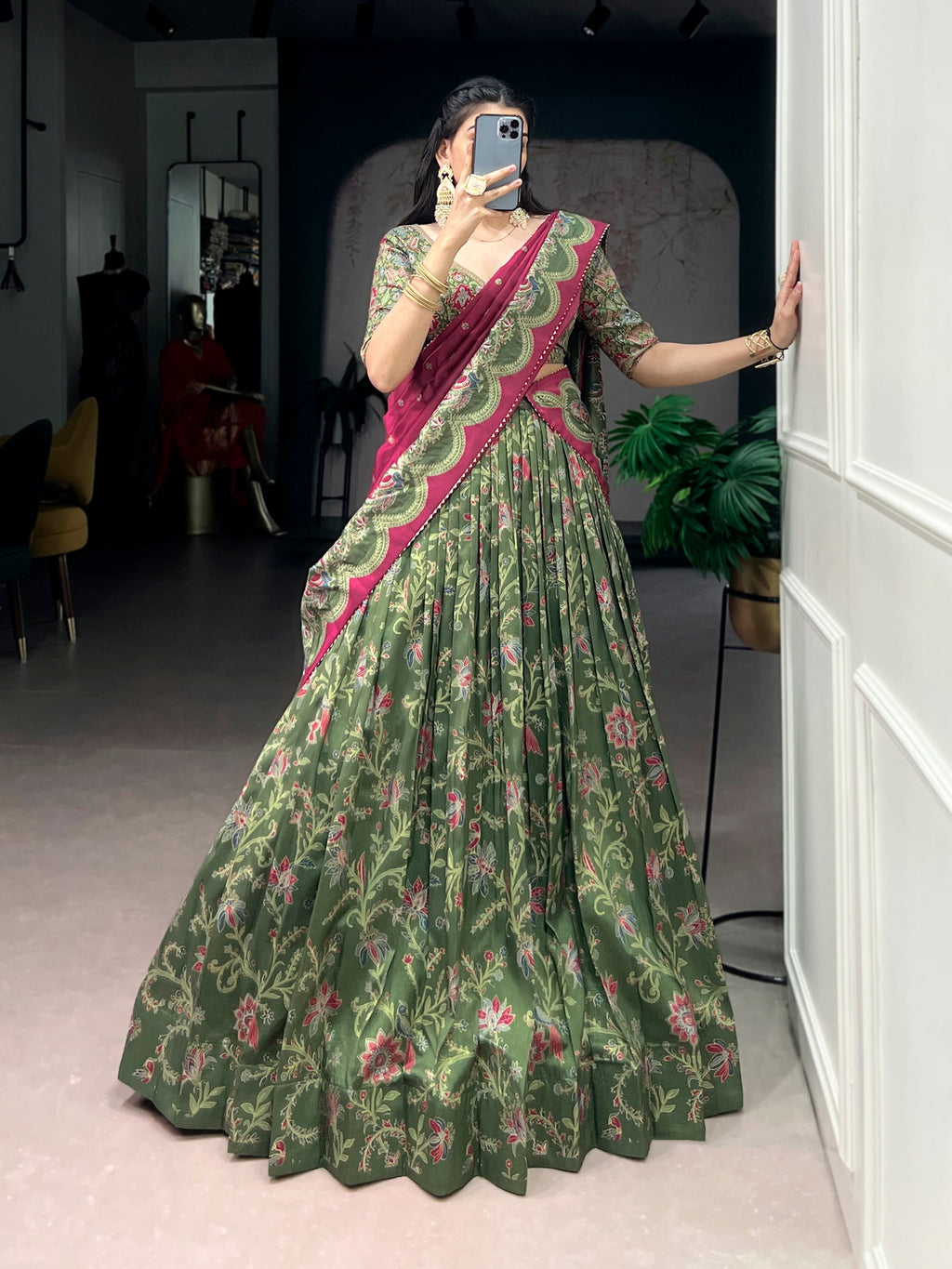Green Tasar Silk Foil Printed Lehenga Choli with Dupatta Set