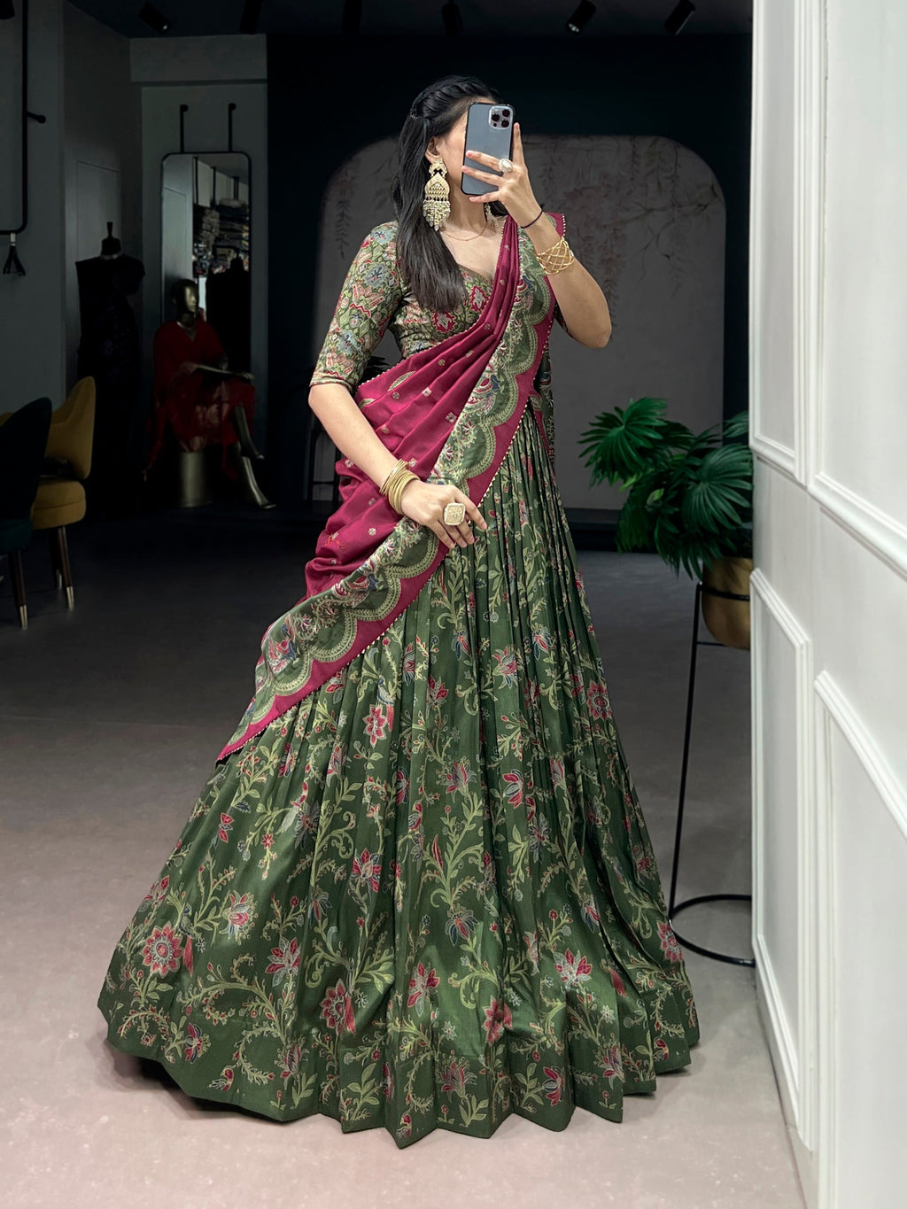 Green Tasar Silk Foil Printed Lehenga Choli with Dupatta Set