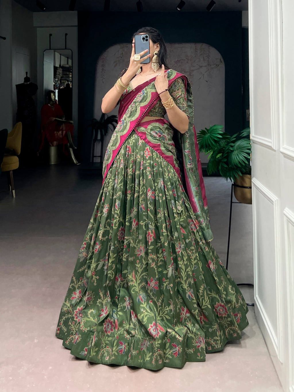 Green Tasar Silk Foil Printed Lehenga Choli with Dupatta Set