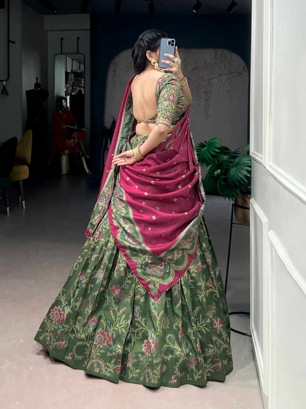 Green Tasar Silk Foil Printed Lehenga Choli with Dupatta Set