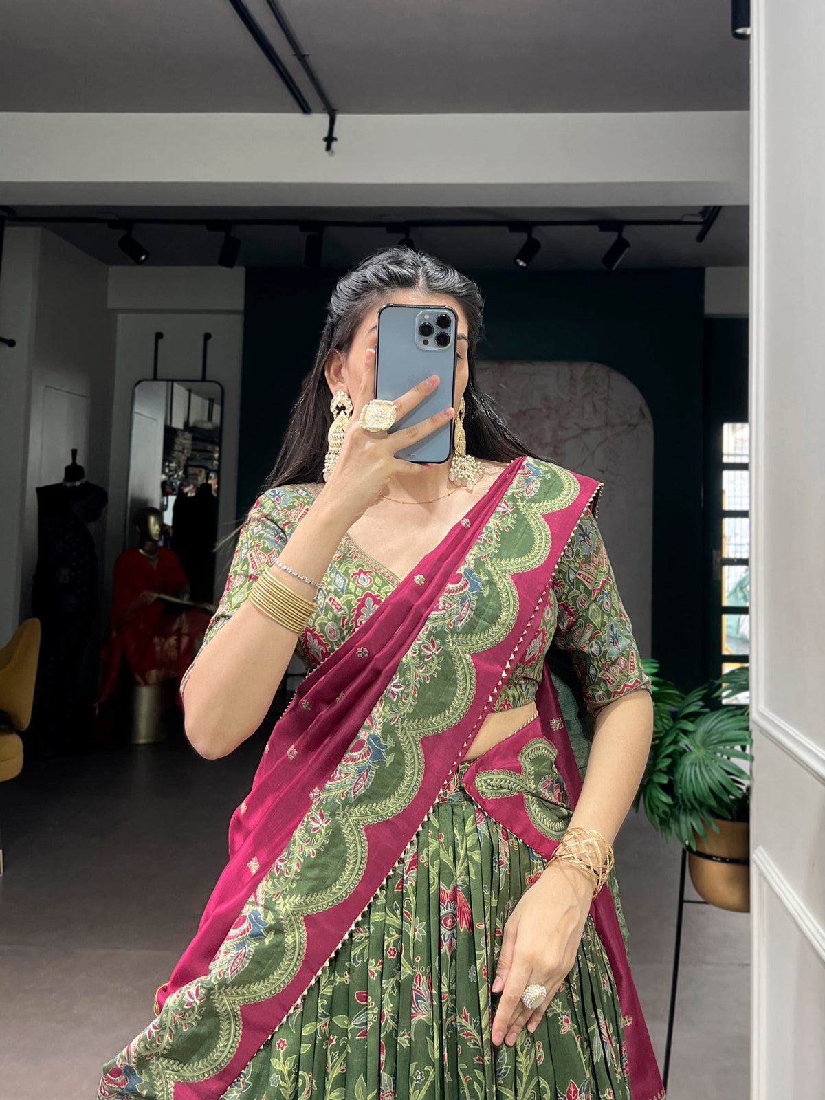 Green Tasar Silk Foil Printed Lehenga Choli with Dupatta Set