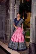 Pink Tasar silk lehenga choli featuring intricate Ikkat print designs