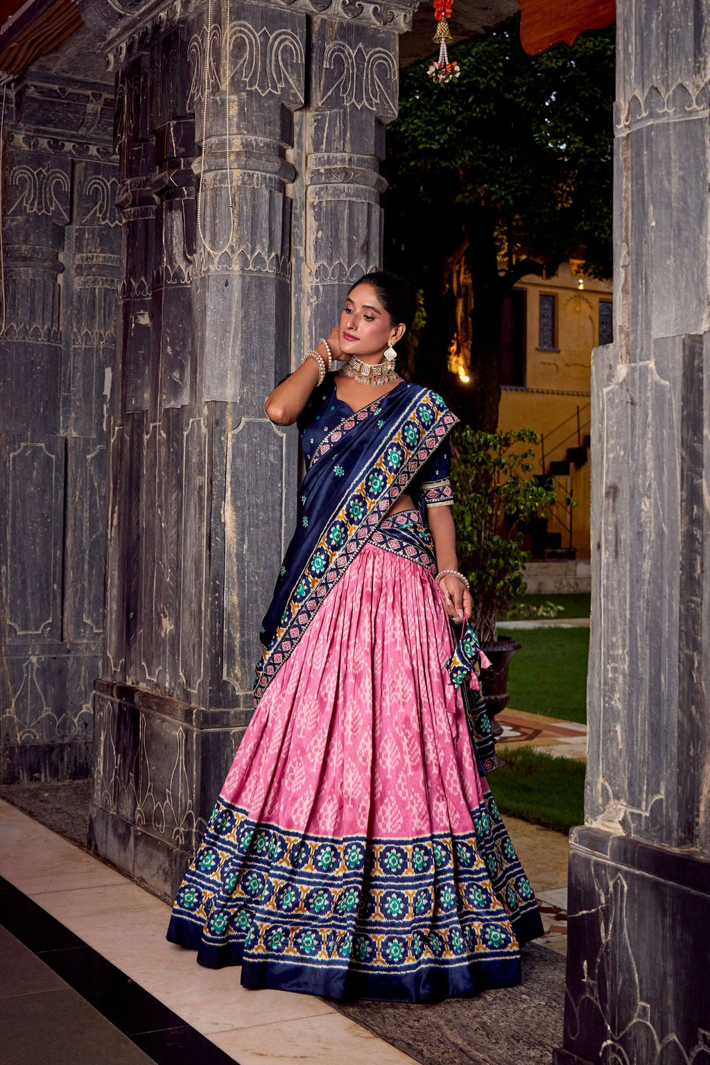 Pink Tasar Silk Ikkat Print Lehenga Choli Set
