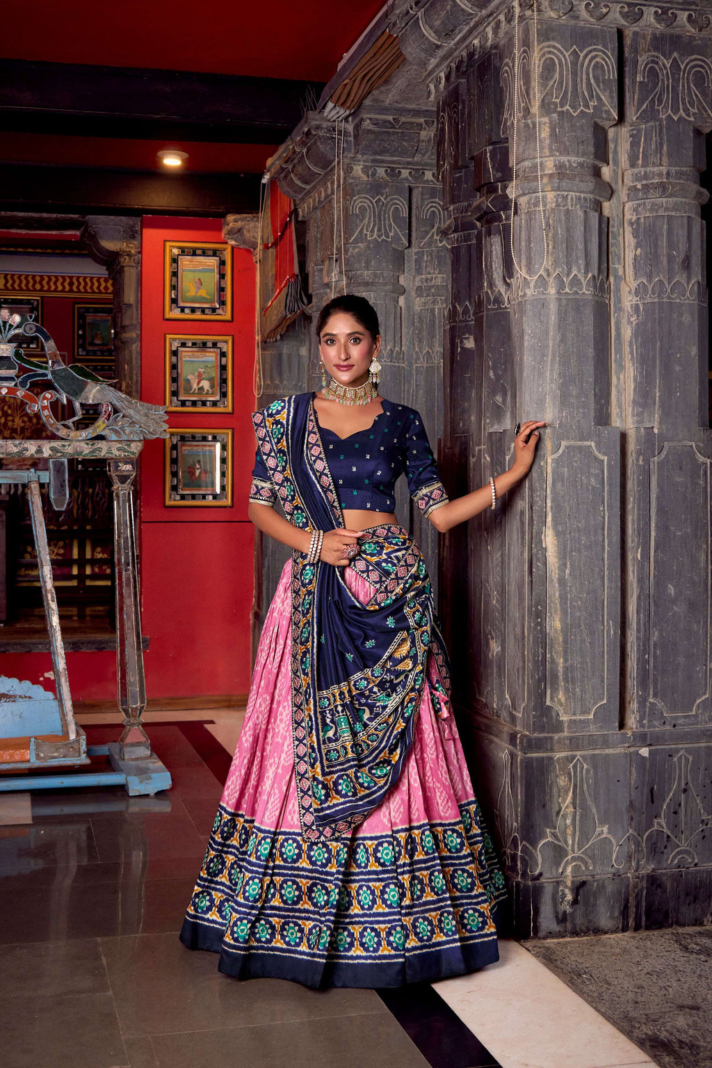 Pink Tasar Silk Ikkat Print Lehenga Choli Set