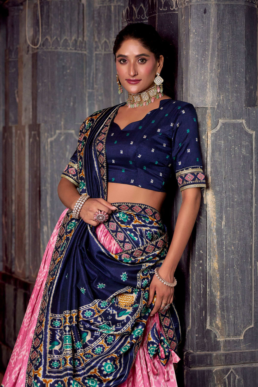 Pink Tasar Silk Ikkat Print Lehenga Choli Set