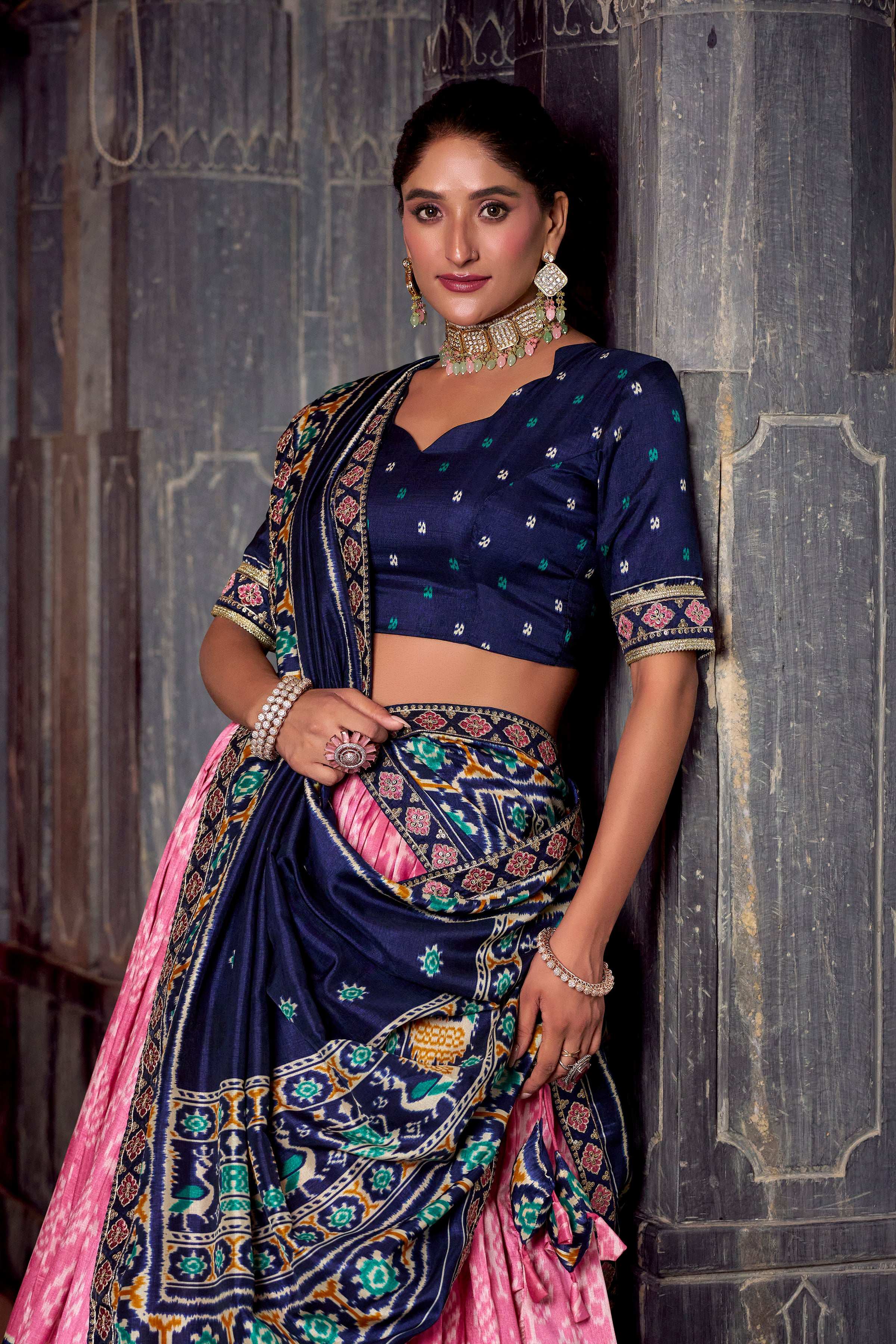 Pink Tasar Silk Ikkat Print Lehenga Choli Set