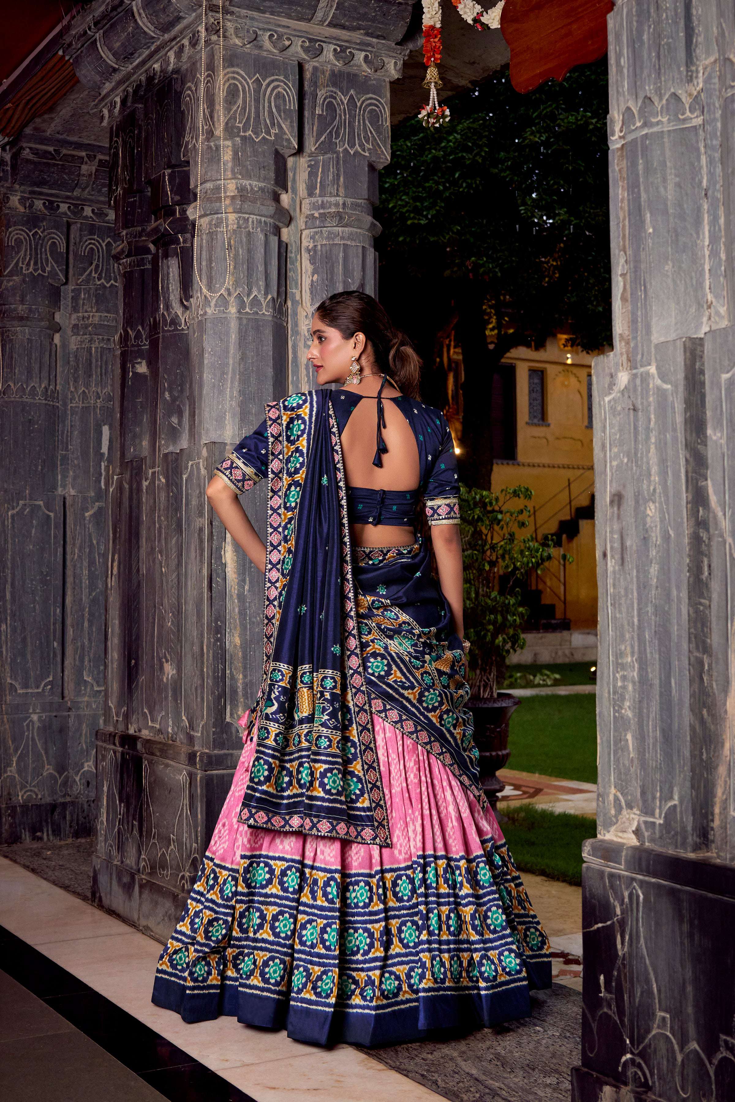 Pink Tasar Silk Ikkat Print Lehenga Choli Set