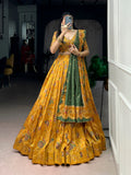 Mustard Tasar Silk Lehenga Choli with Gilded Motif Foil Print