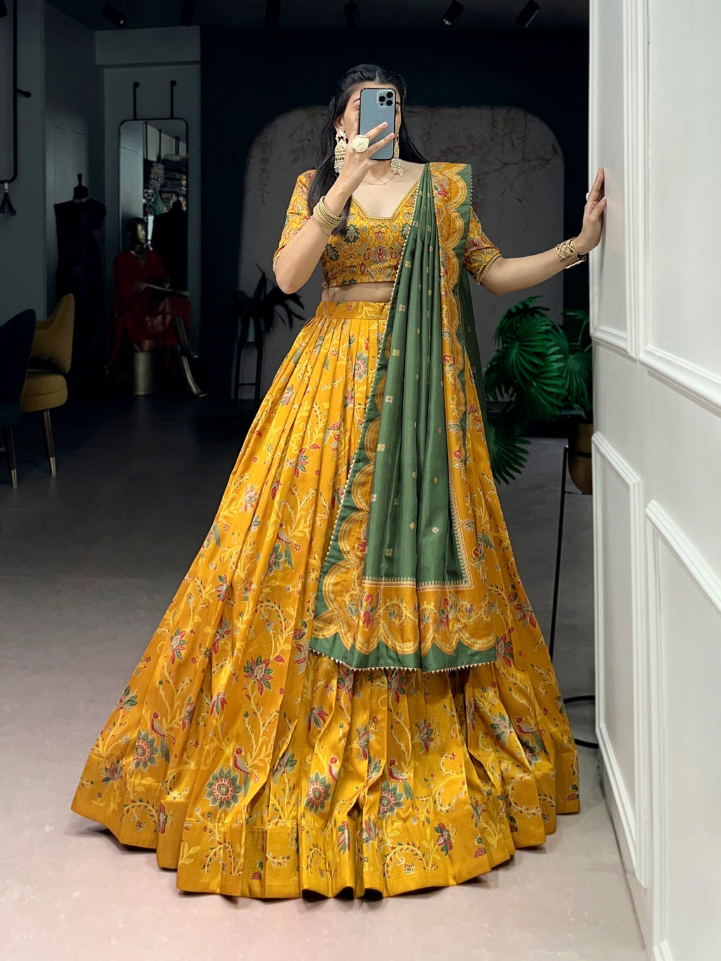 Mustard Tasar Silk Lehenga Choli with Gilded Motif Foil Print