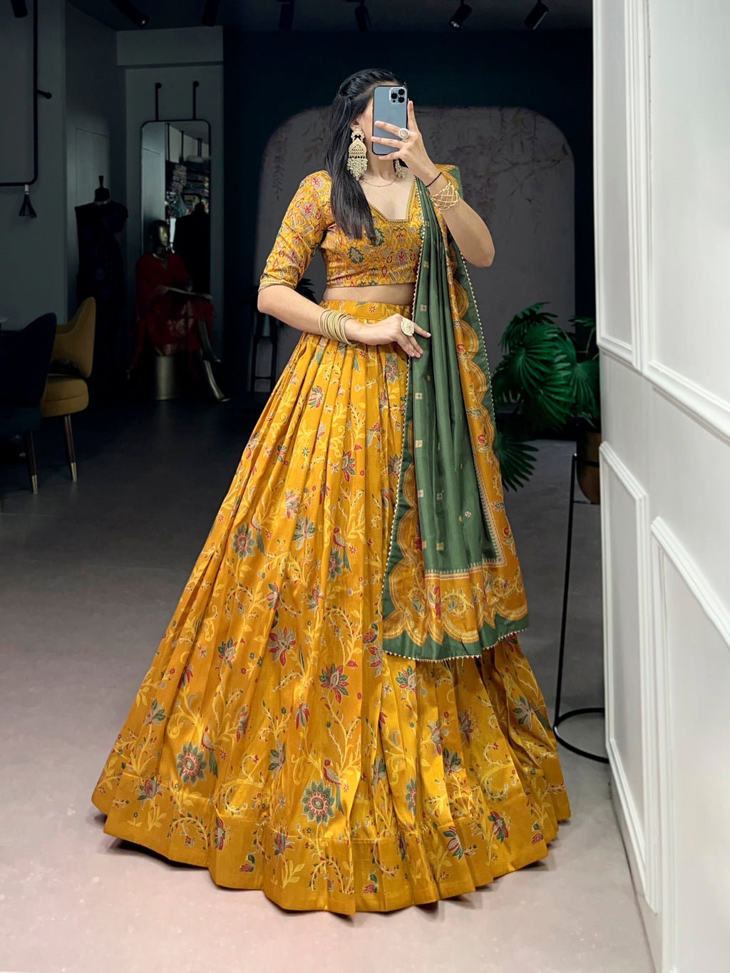 Mustard Tasar Silk lehenga with gilded motif foil prints