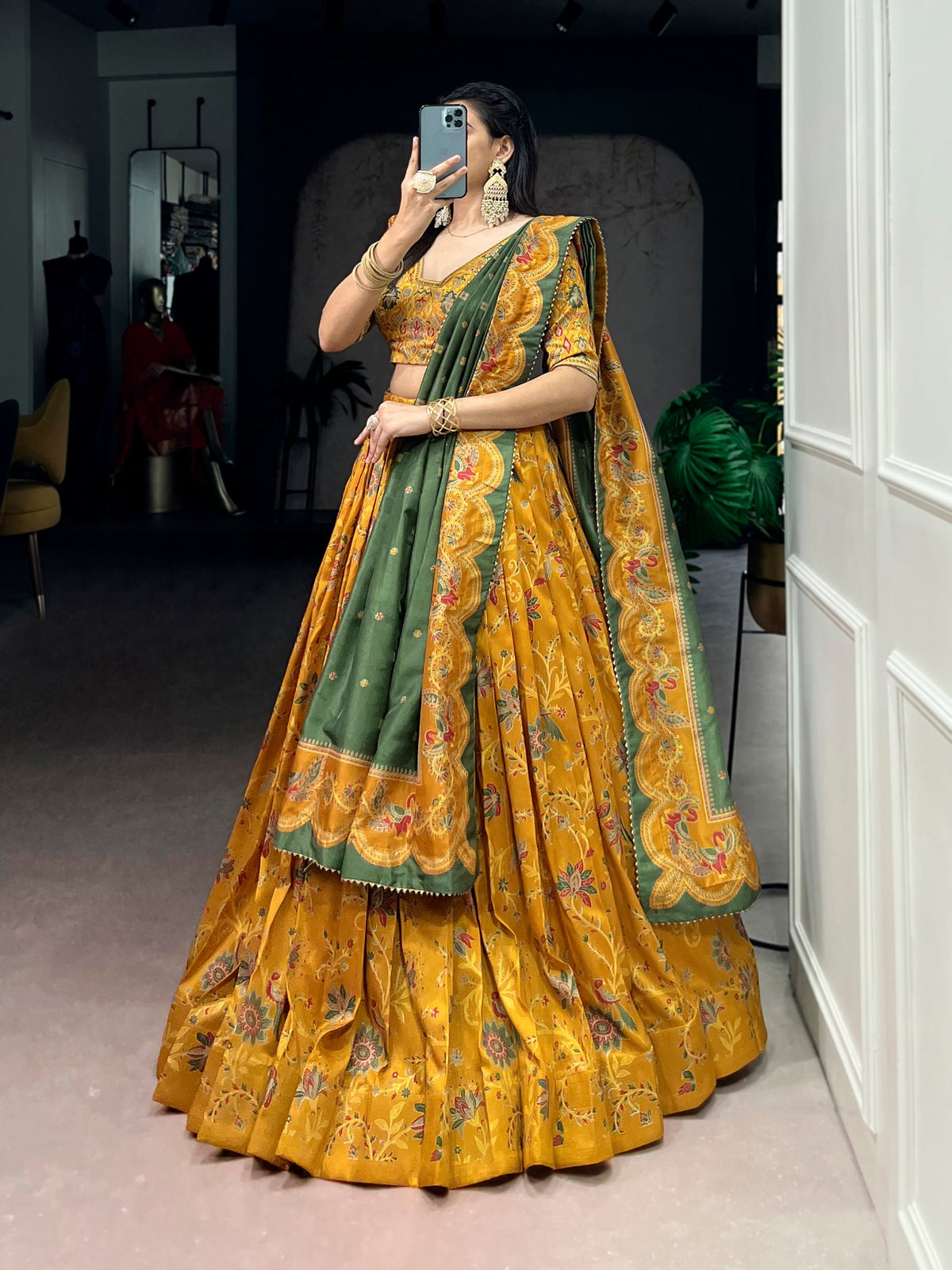 Mustard Tasar Silk Lehenga Choli with Gilded Motif Foil Print
