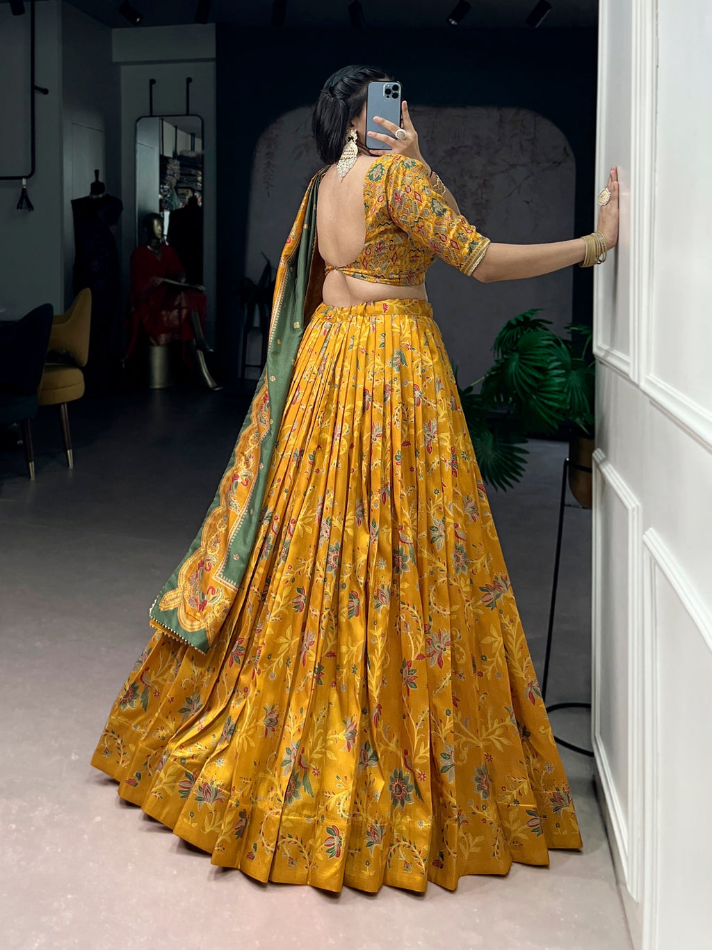 Mustard Tasar Silk Lehenga Choli with Gilded Motif Foil Print