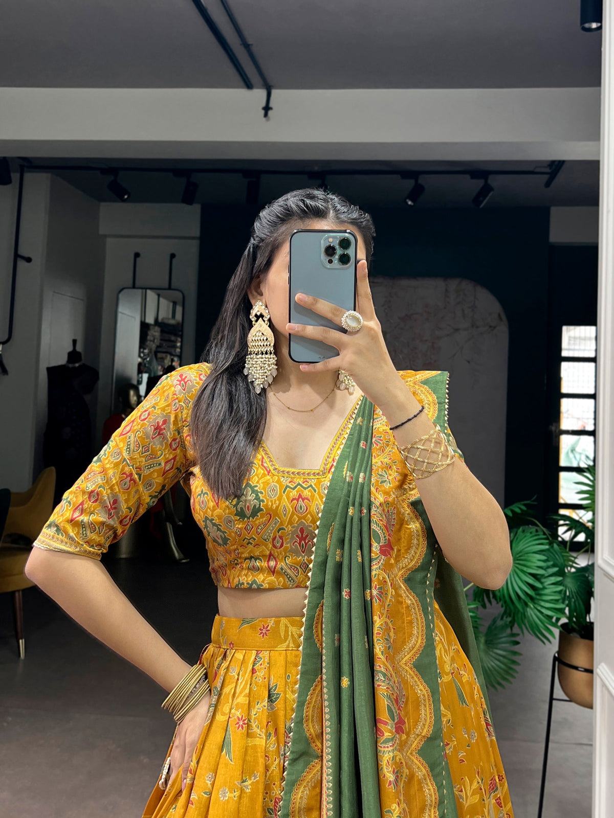 Mustard Tasar Silk Lehenga Choli with Gilded Motif Foil Print