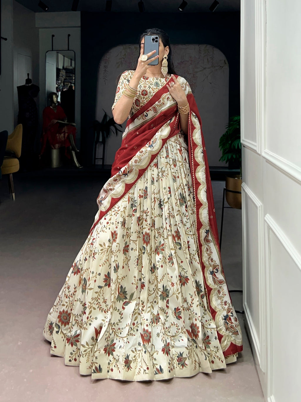 Offwhite Tasar Silk lehenga choli featuring intricate gold foil motif prints