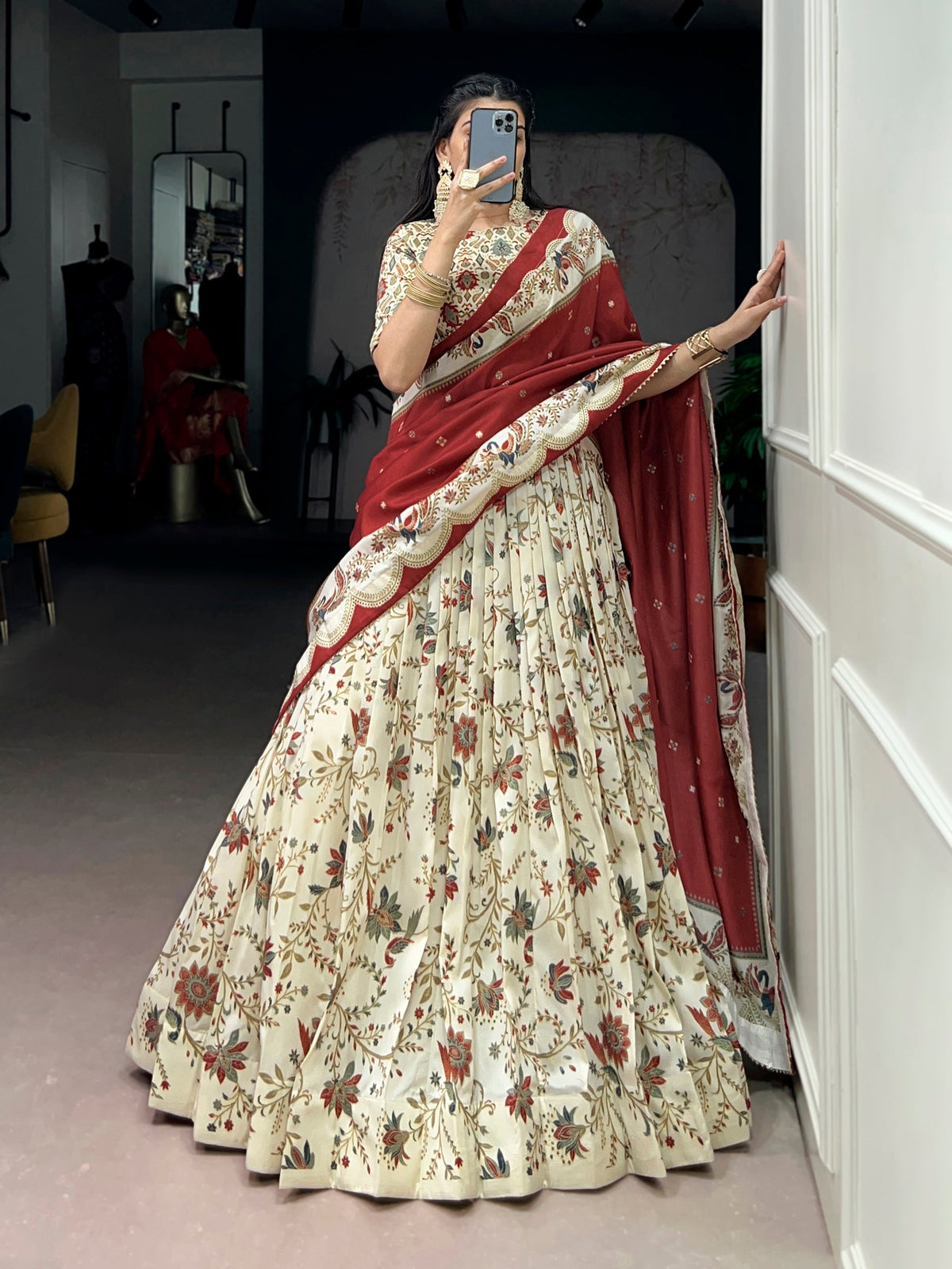 Offwhite Tasar Silk Foil Printed Lehenga Choli with Dupatta