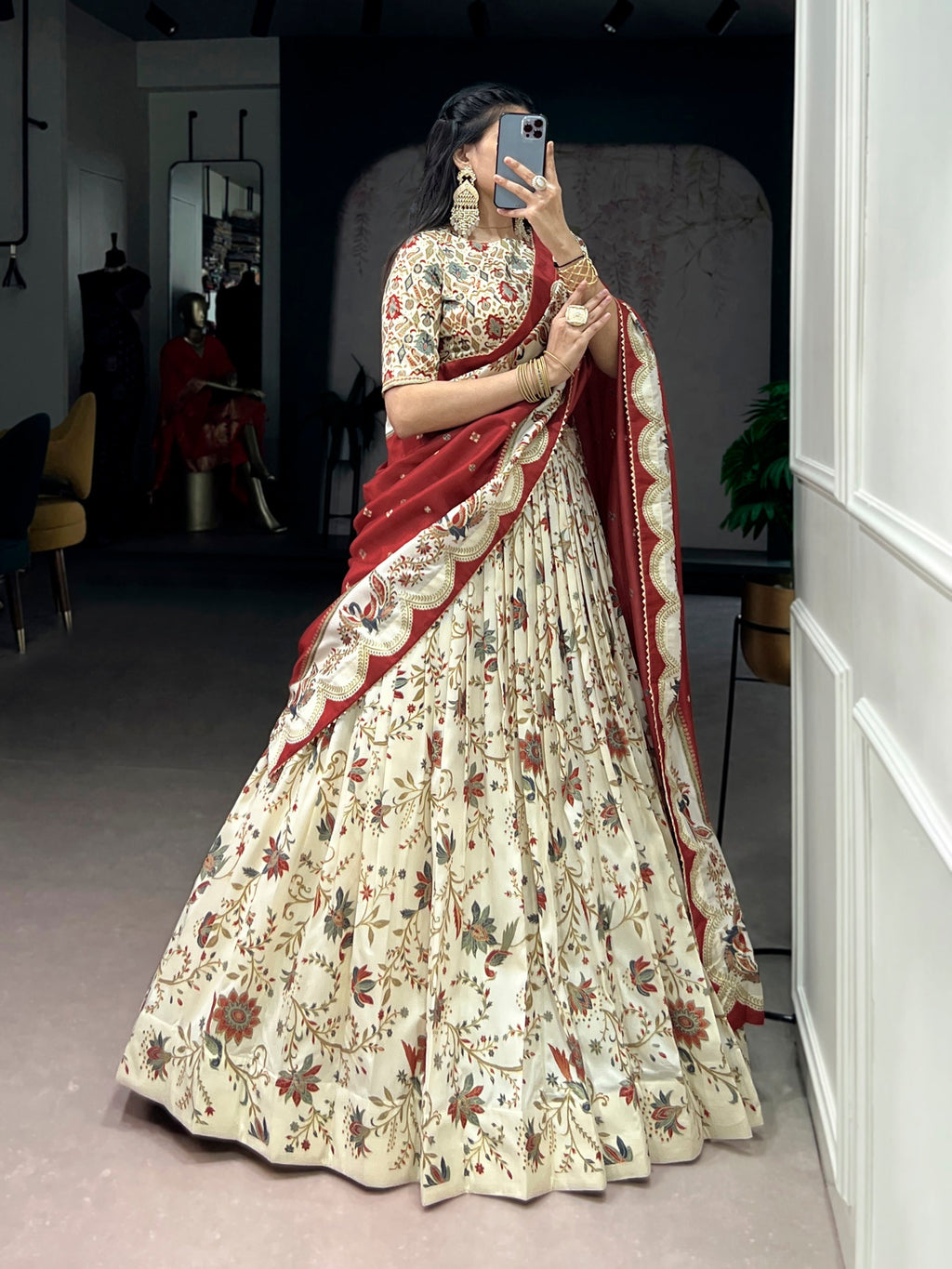 Offwhite Tasar Silk Foil Printed Lehenga Choli with Dupatta