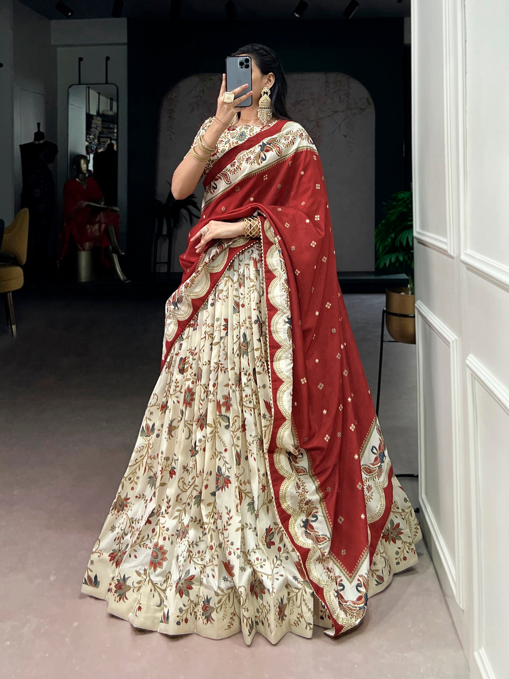 Offwhite Tasar Silk Foil Printed Lehenga Choli with Dupatta