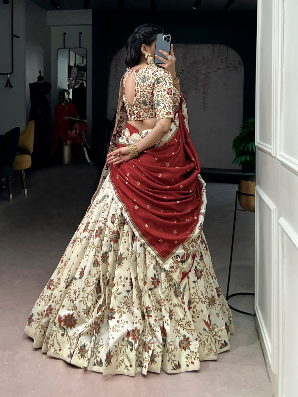 Offwhite Tasar Silk Foil Printed Lehenga Choli with Dupatta