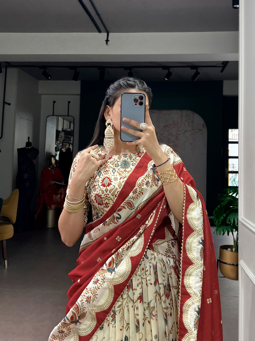 Offwhite Tasar Silk Foil Printed Lehenga Choli with Dupatta