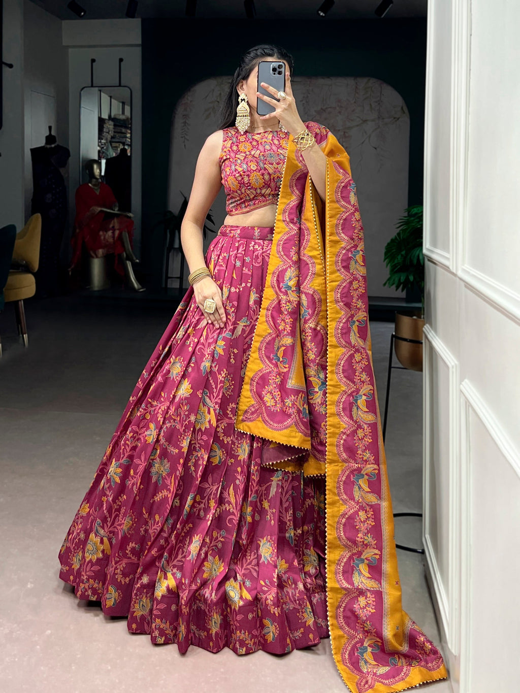 Pink Tasar Silk Lehenga Choli with Gilded Motif Foil Printing
