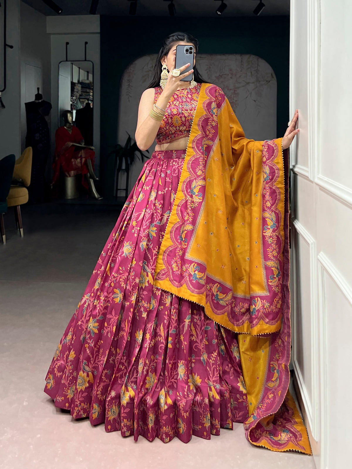Pink Tasar Silk lehenga choli with elegant gilded motif foil printing