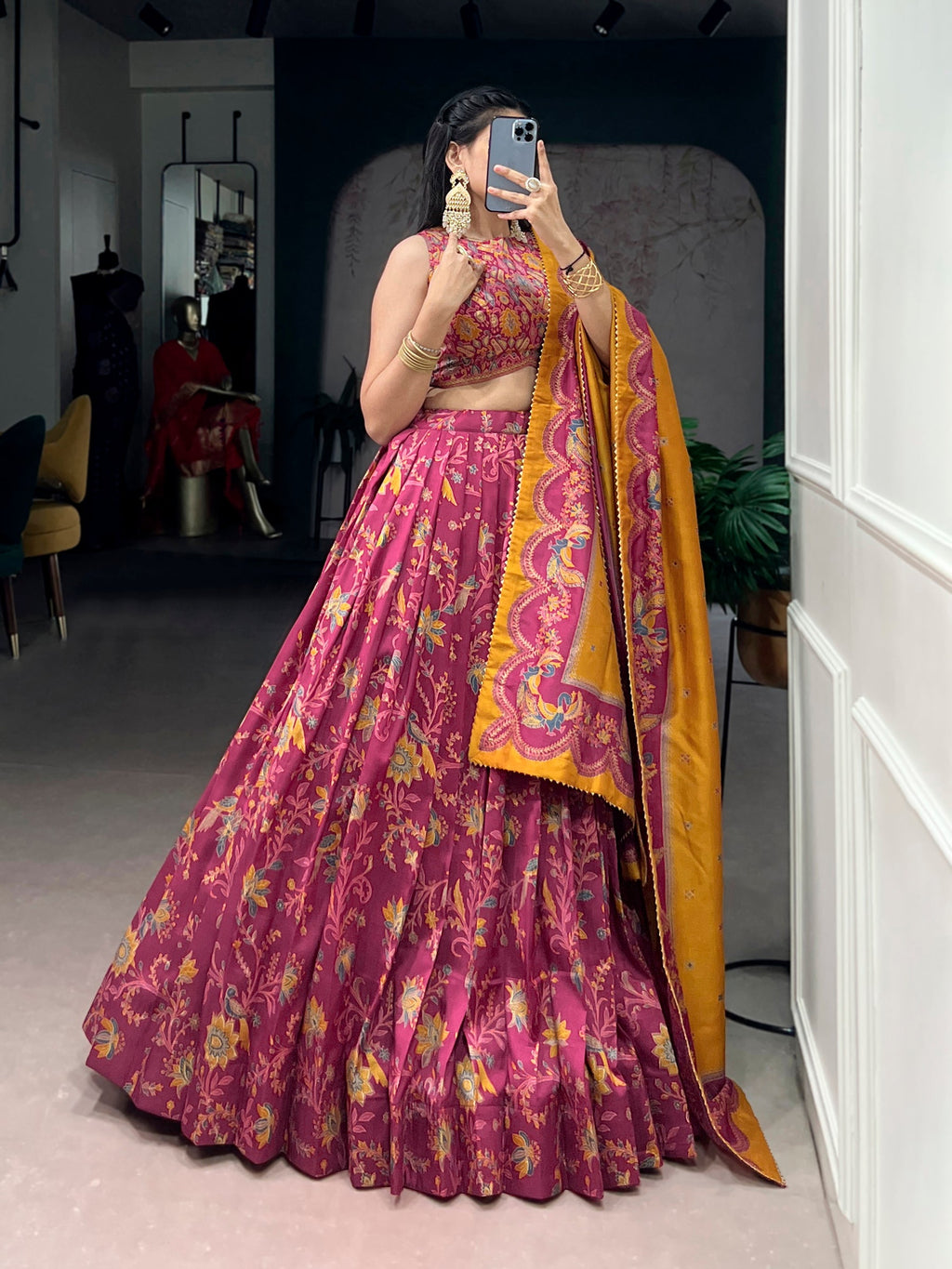 Pink Tasar Silk Lehenga Choli with Gilded Motif Foil Printing