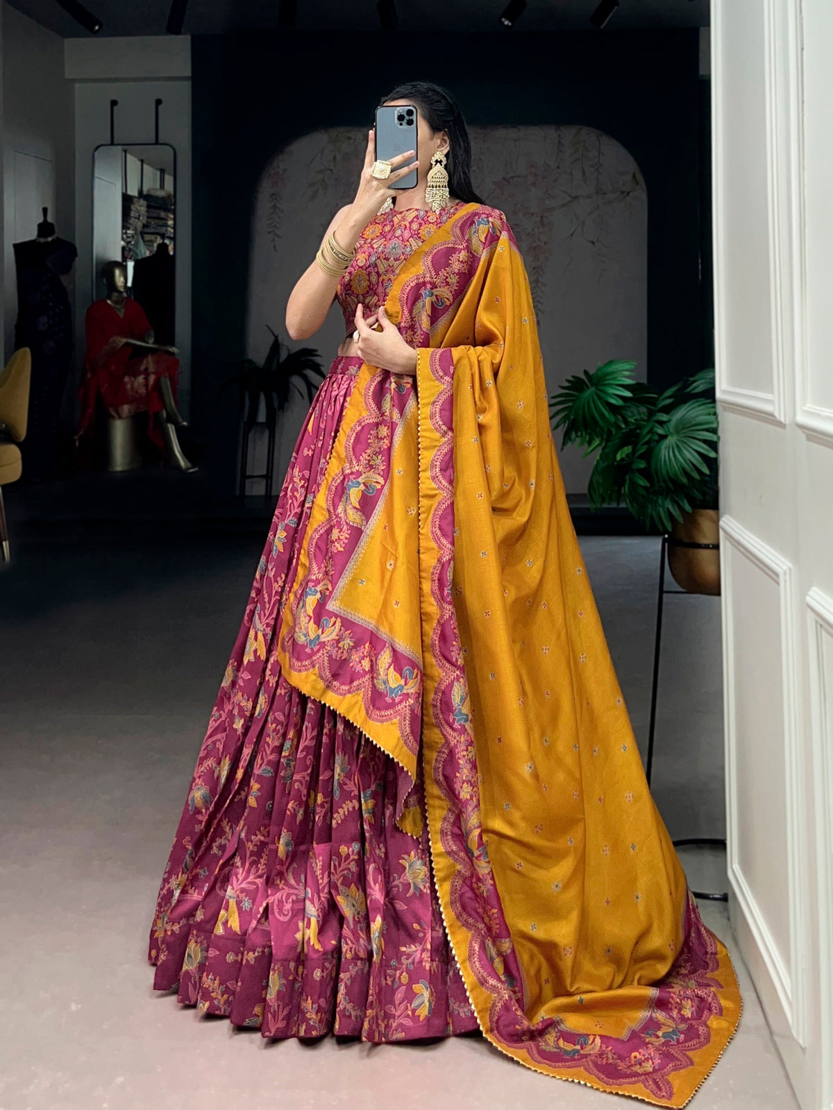Pink Tasar Silk Lehenga Choli with Gilded Motif Foil Printing