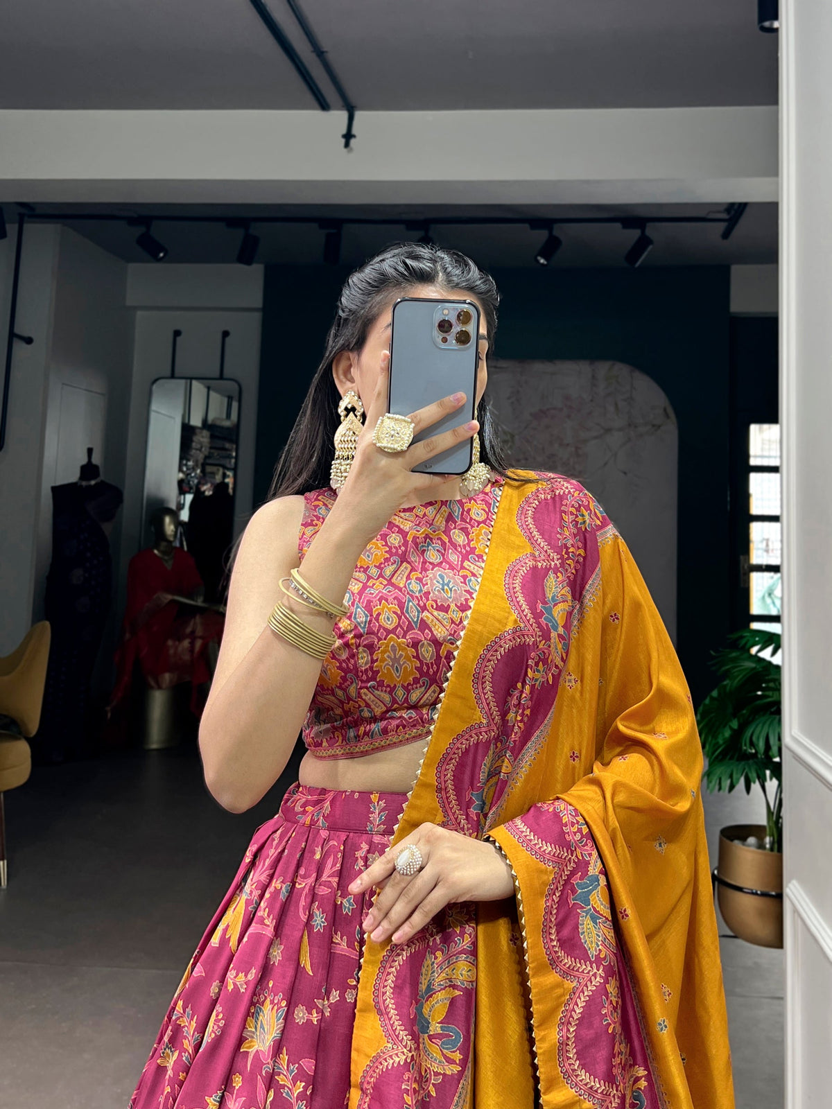 Pink Tasar Silk Lehenga Choli with Gilded Motif Foil Printing