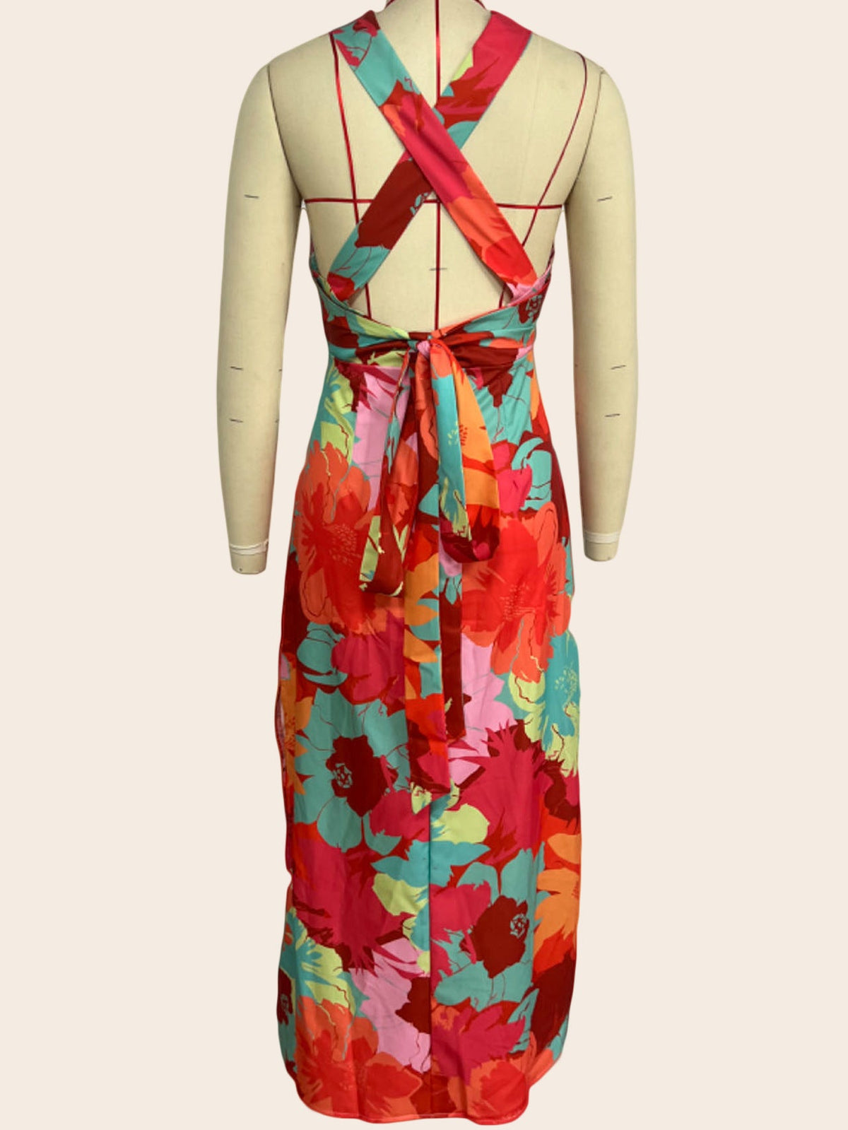 Summer Women Casual V neck Printed Lace up Mid Length Dress