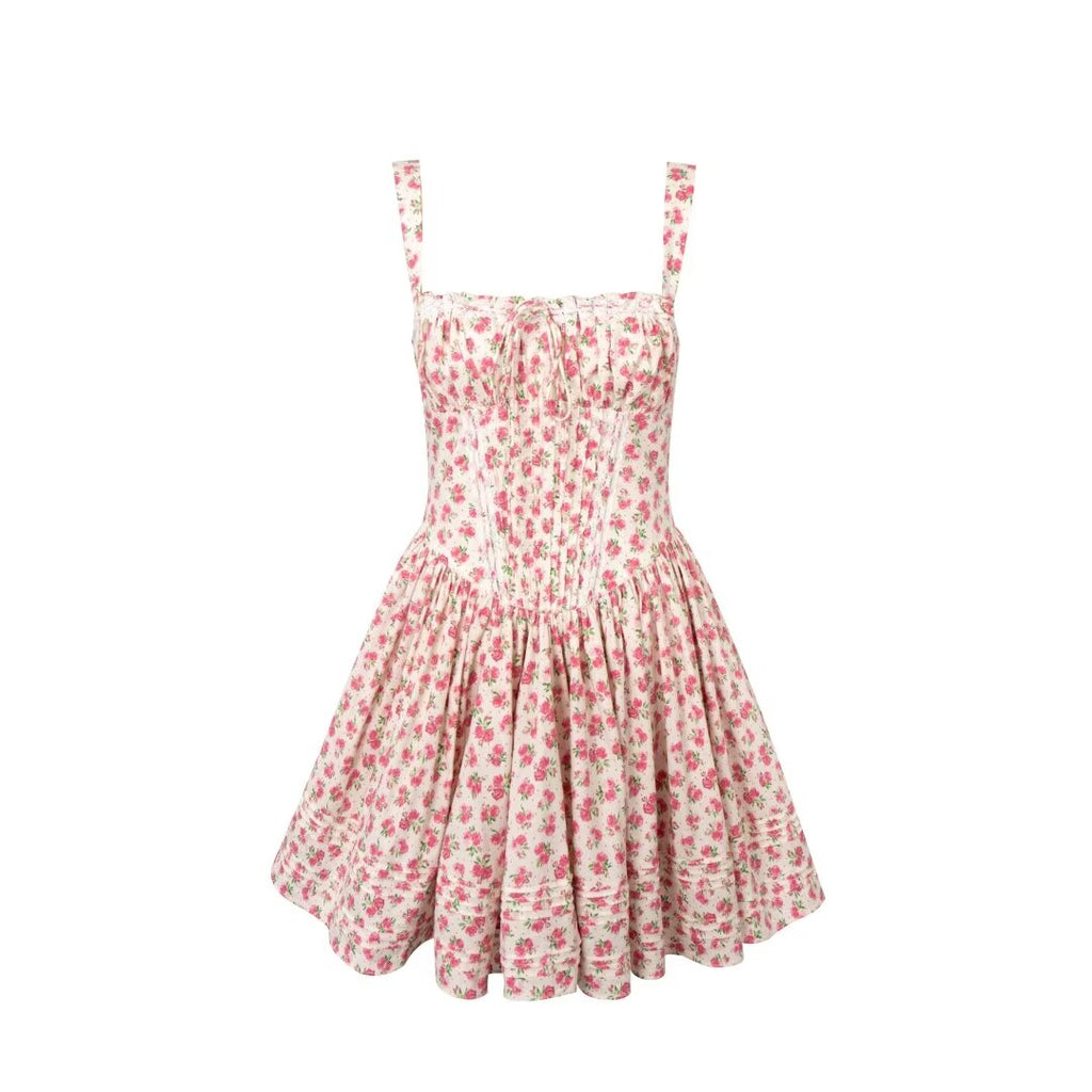 Summer French Waist Slimming A line Short Pure Floral Printing Slip Dress Women Puffy dress
