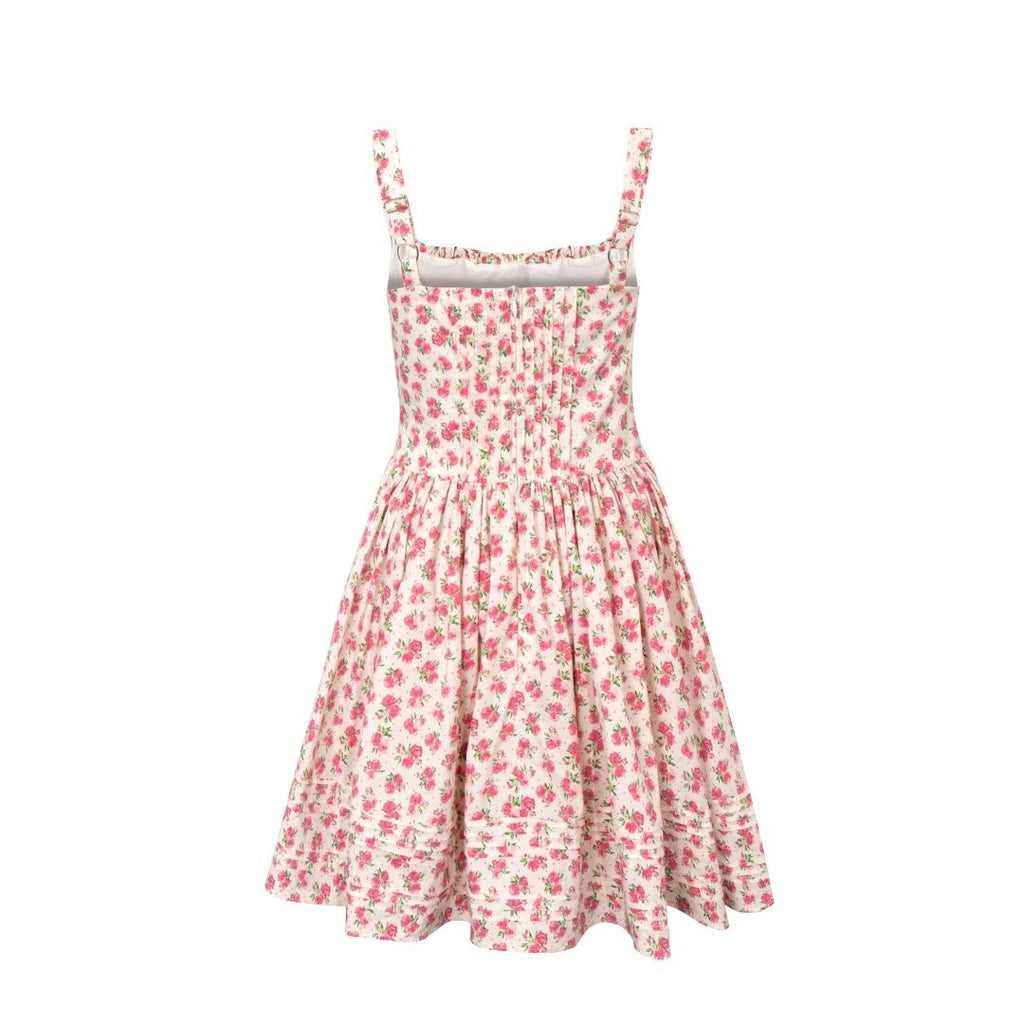 Summer French Waist Slimming A line Short Pure Floral Printing Slip Dress Women Puffy dress