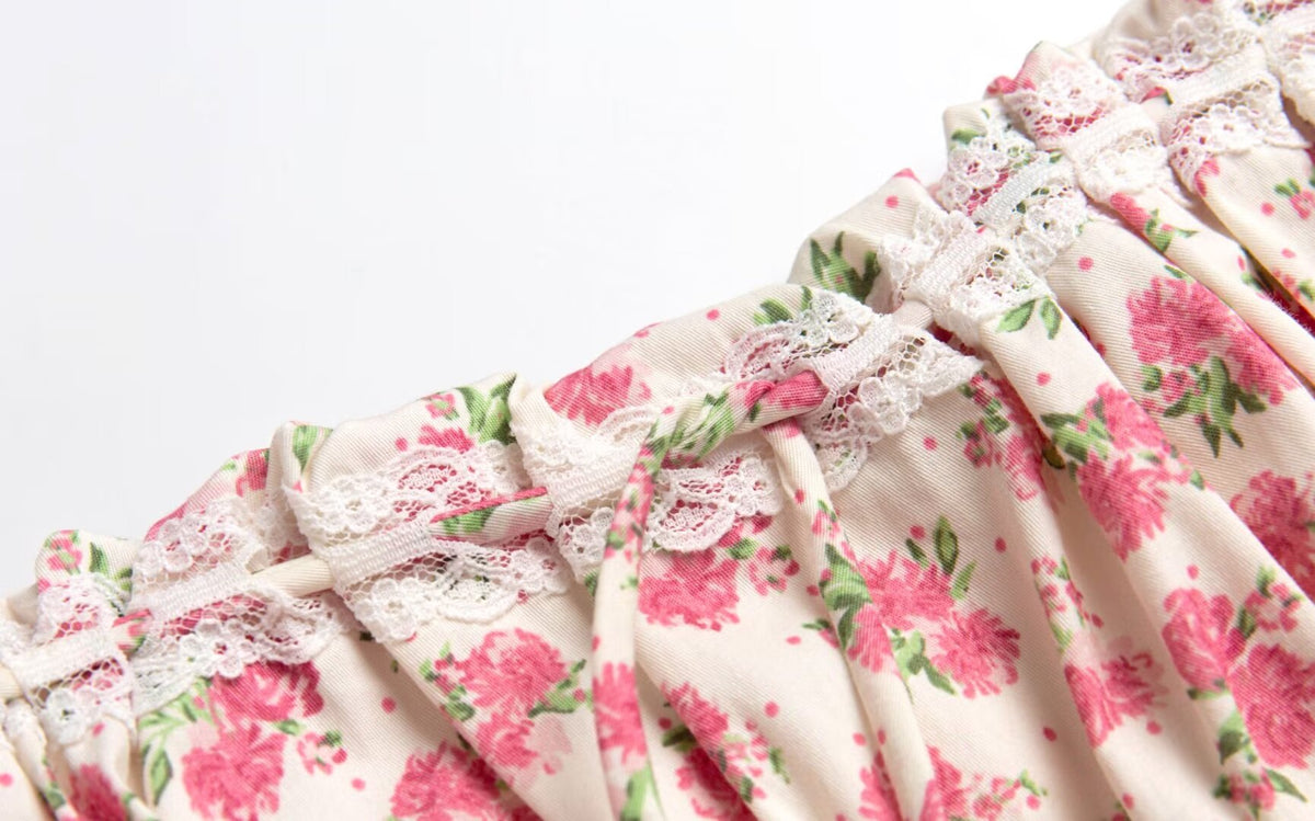 Summer French Waist Slimming A line Short Pure Floral Printing Slip Dress Women Puffy dress