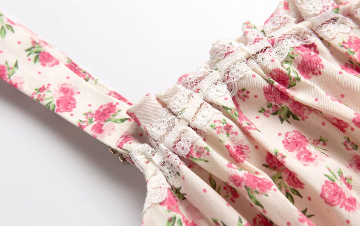 Summer French Waist Slimming A line Short Pure Floral Printing Slip Dress Women Puffy dress