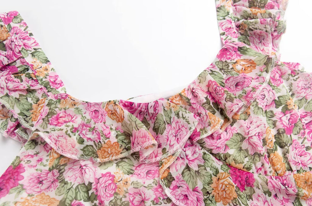 French Floral Design Ruffled Stitching Dress Summer Slim A line Vacation Dress Cami Dress