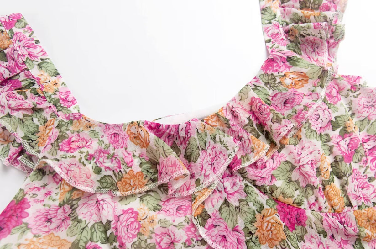 French Floral Design Ruffled Stitching Dress Summer Slim A line Vacation Dress Cami Dress