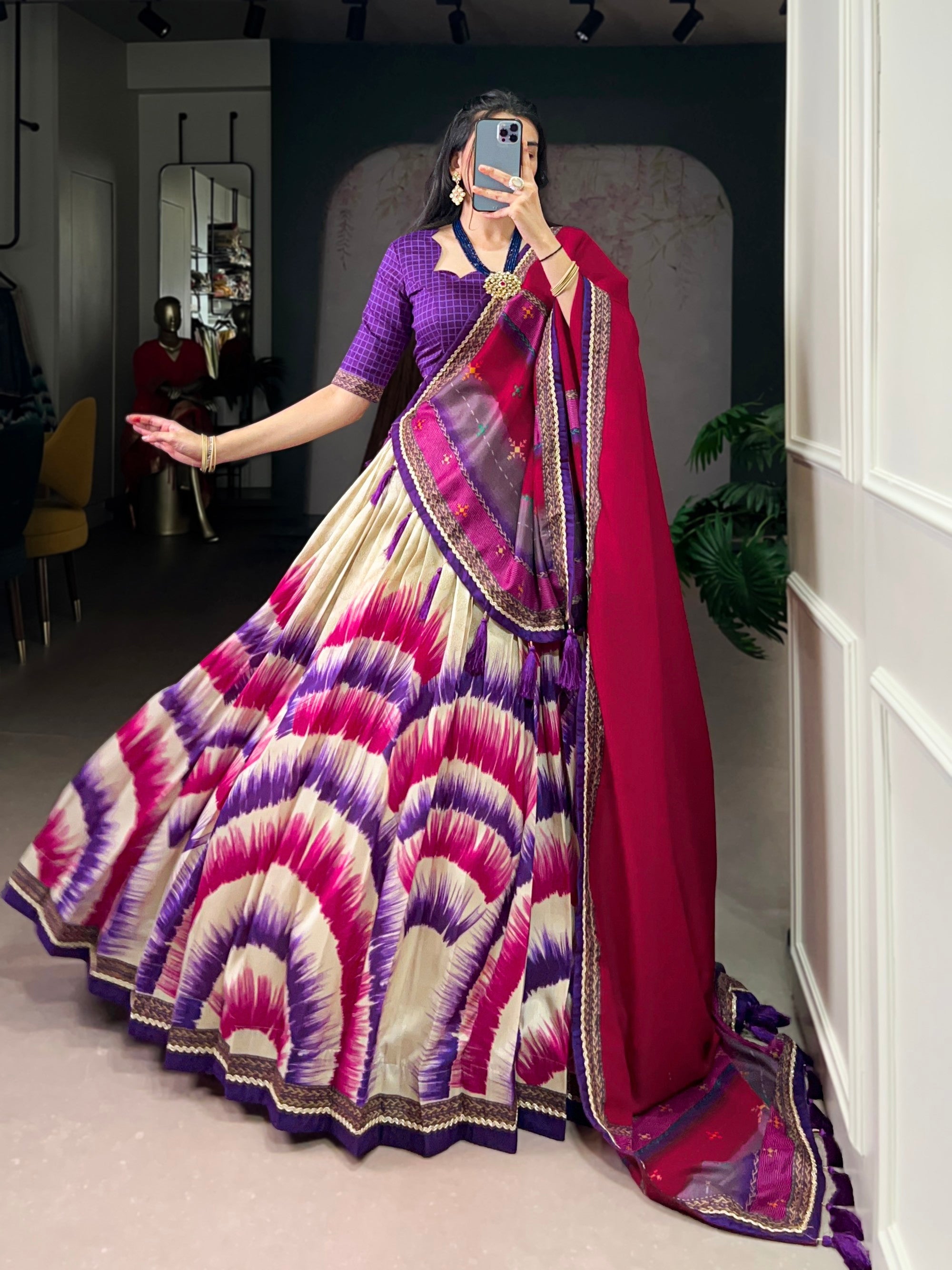 Lorenvalley Fashion Multicolor Tasar Silk Tie and Dye Print with Lace Touch Up Lehenga Choli with Dupatta