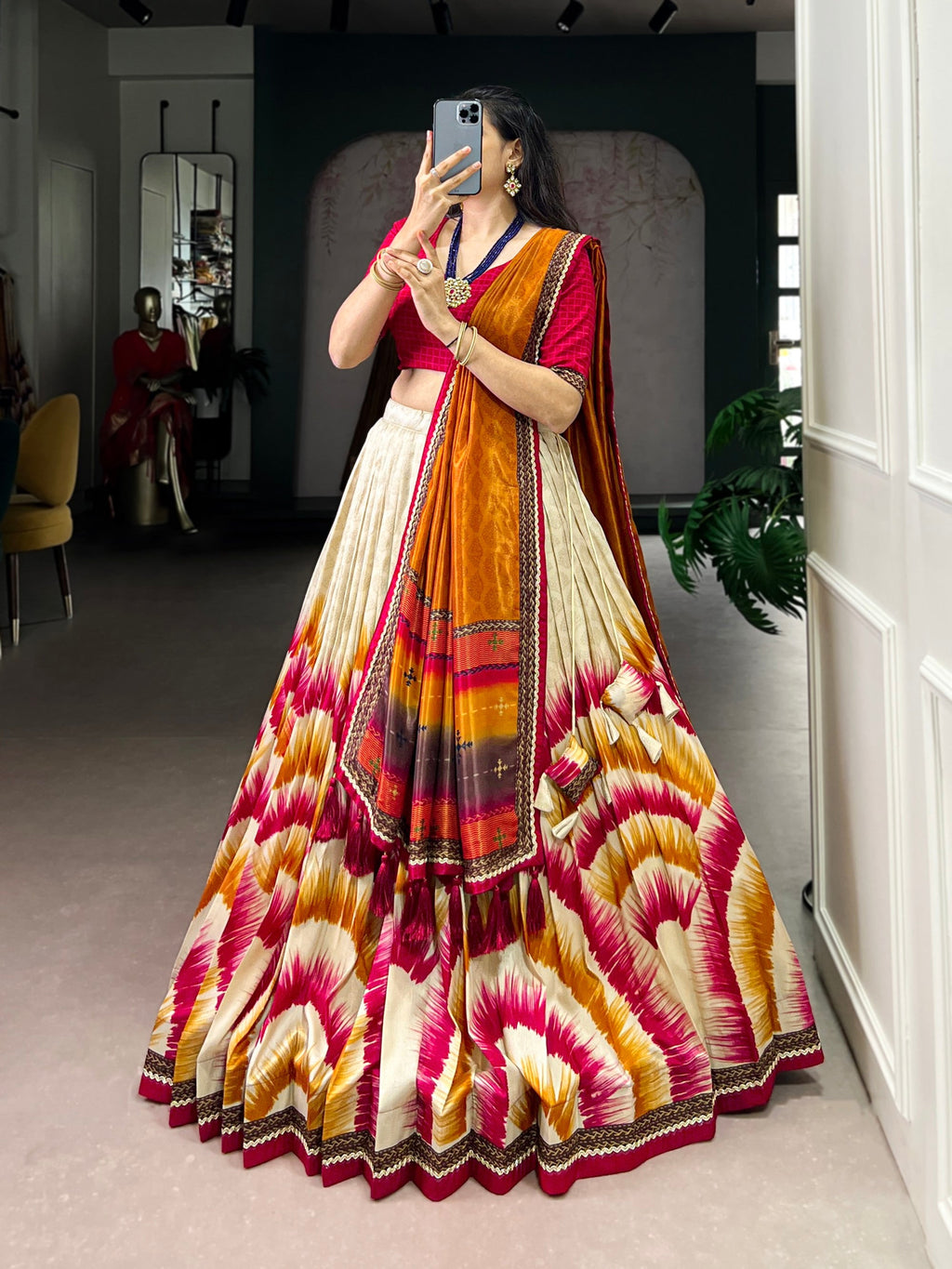 Lorenvalley Fashion Multicolor Tasar Silk Tie and Dye Print with Lace Touch Up Lehenga Choli with Dupatta