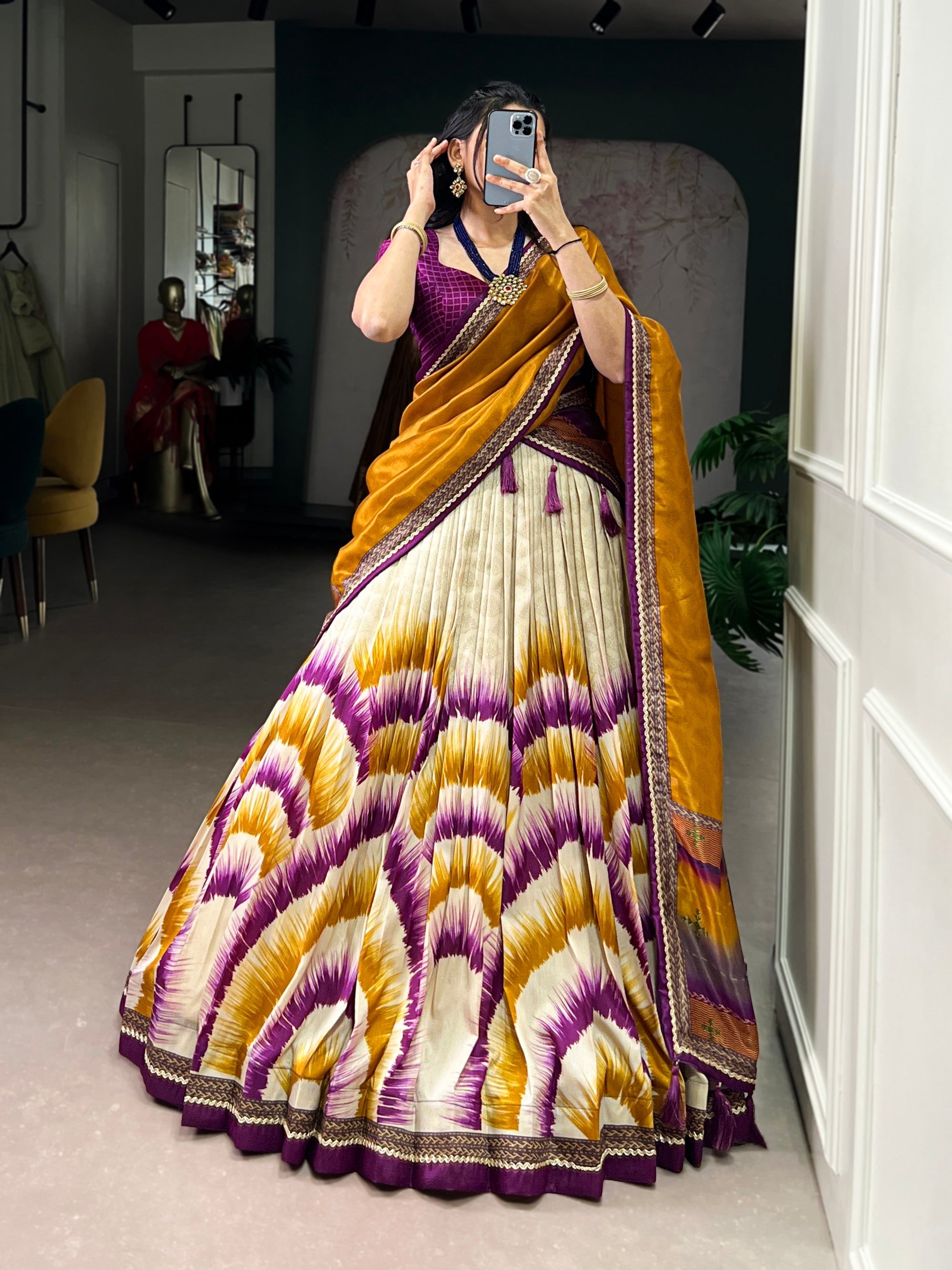 Lorenvalley Fashion Multicolor Tasar Silk Tie and Dye Print with Lace Touch Up Lehenga Choli with Dupatta