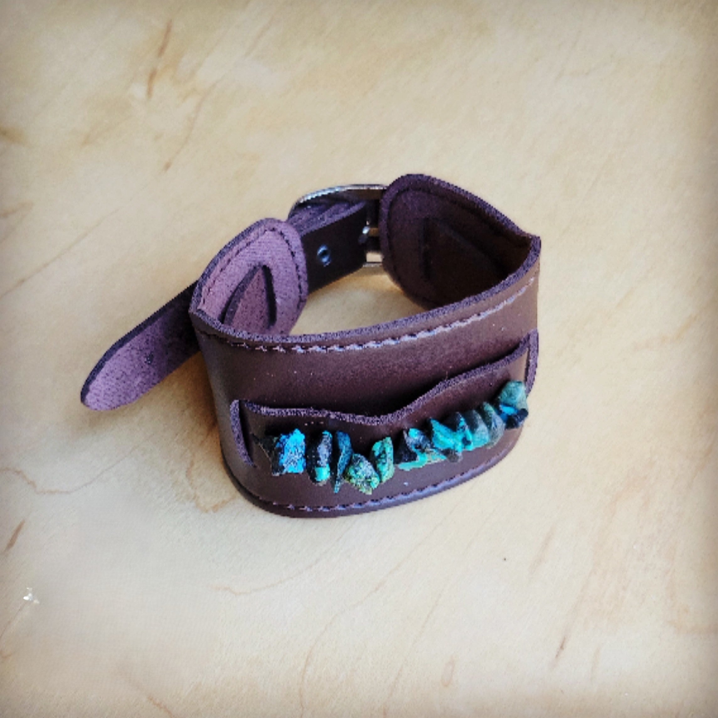 Wide Dark Leather Cuff with Natural Turquoise