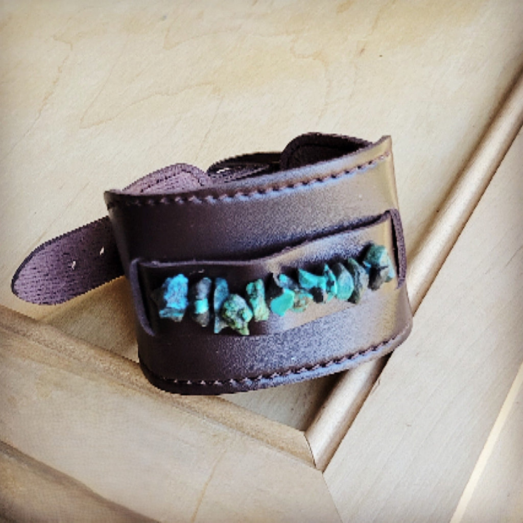 Wide Dark Leather Cuff with Natural Turquoise