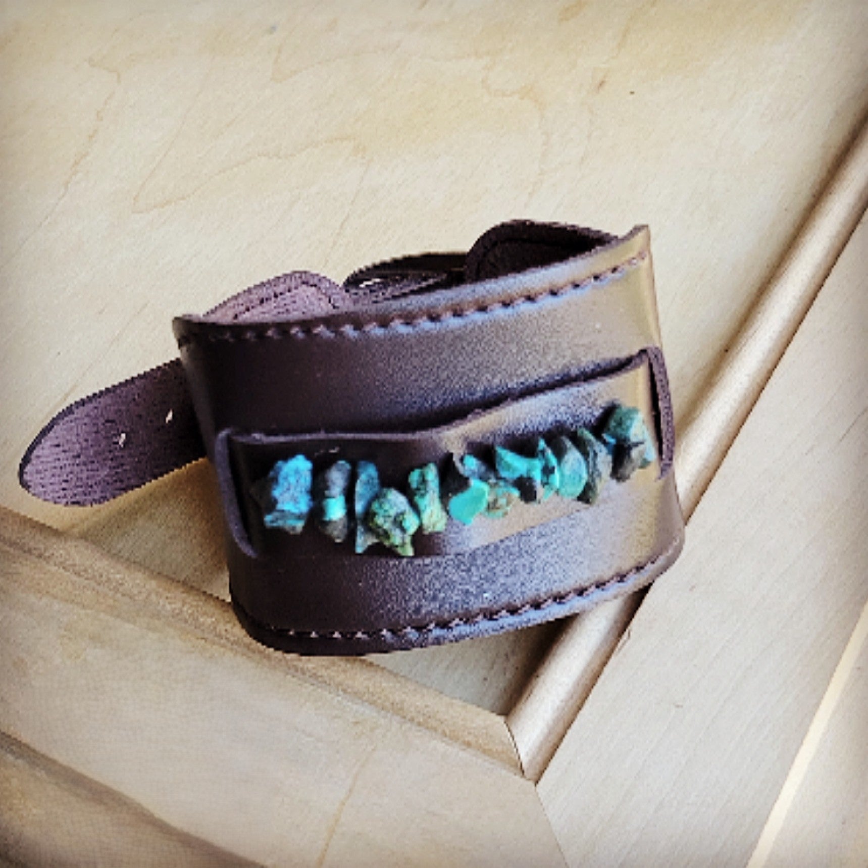Wide Dark Leather Cuff with Natural Turquoise
