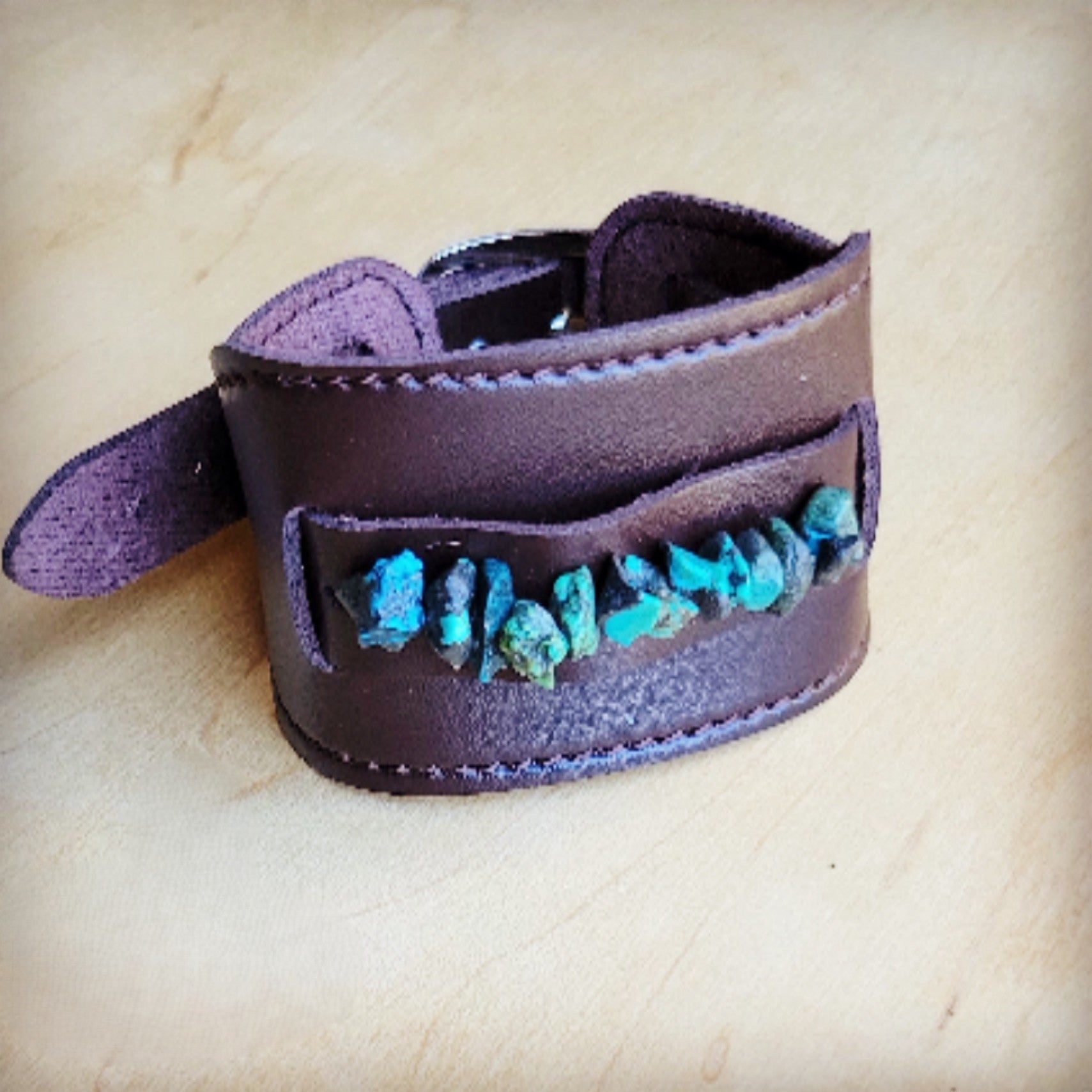 Wide Dark Leather Cuff with Natural Turquoise