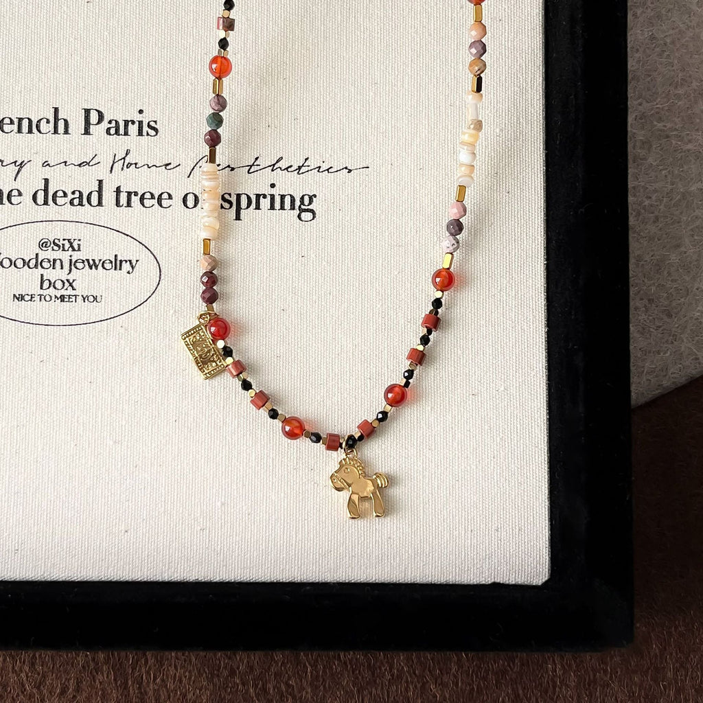 Retro Anqila Red Dunhuang-style Colorful Red Agate Layered Beaded Necklace