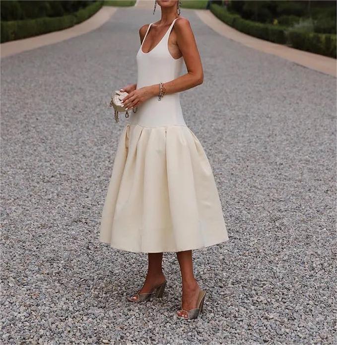 Women Clothing Women Elegant Solid Color Sling Dress