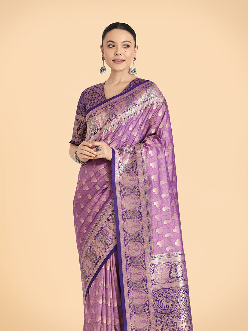 Lavender Traditional Weaving Banarasi Silk Saree with Zari