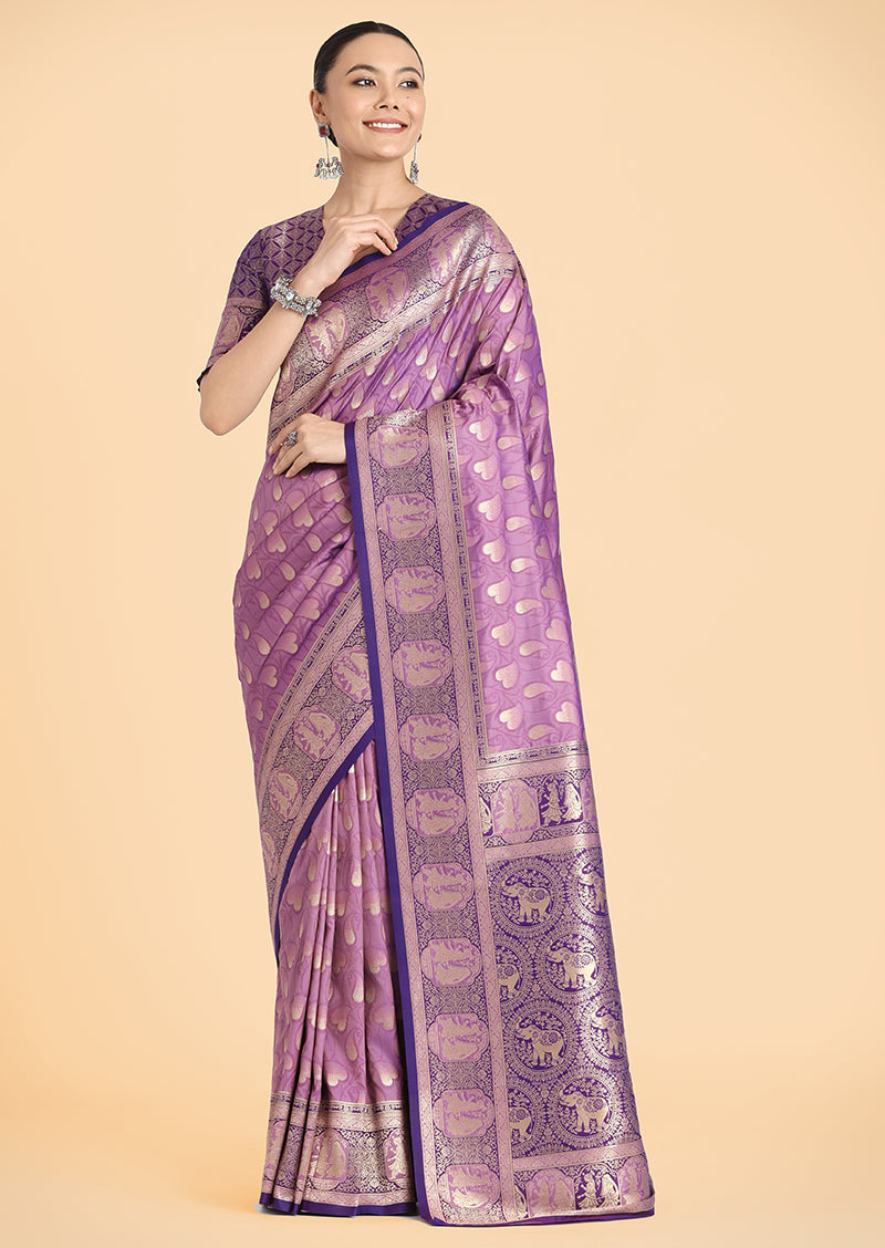 Lavender Traditional Weaving Banarasi Silk Saree with Zari