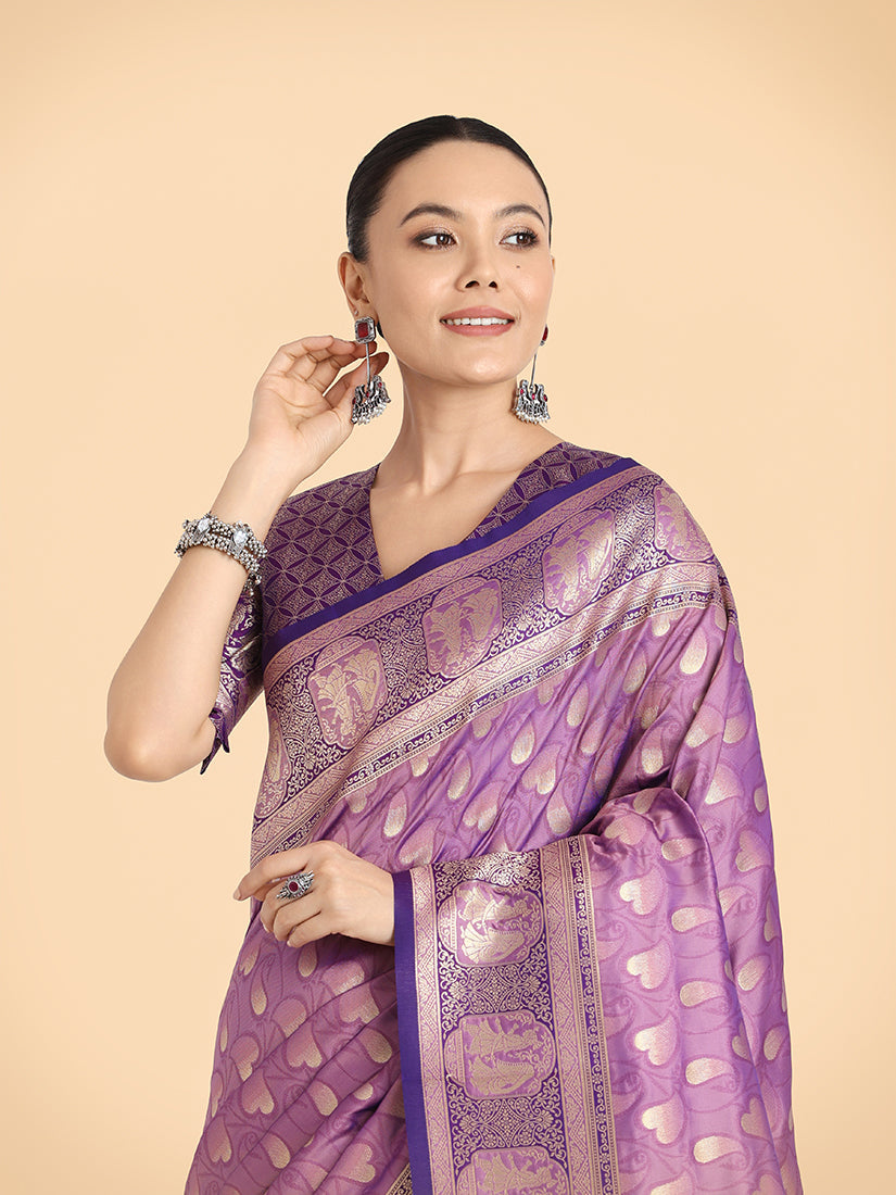 Lavender Traditional Weaving Banarasi Silk Saree with Zari