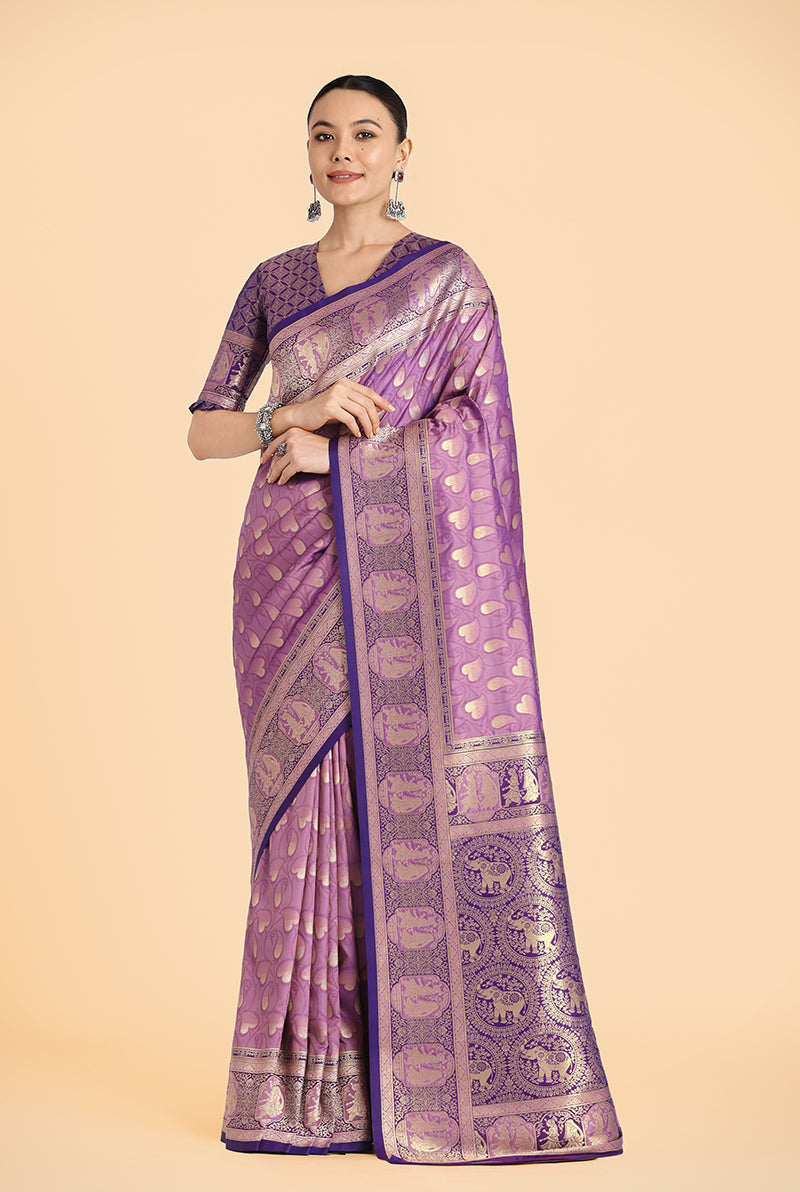 Lavender Banarasi silk saree with intricate zari weaving details